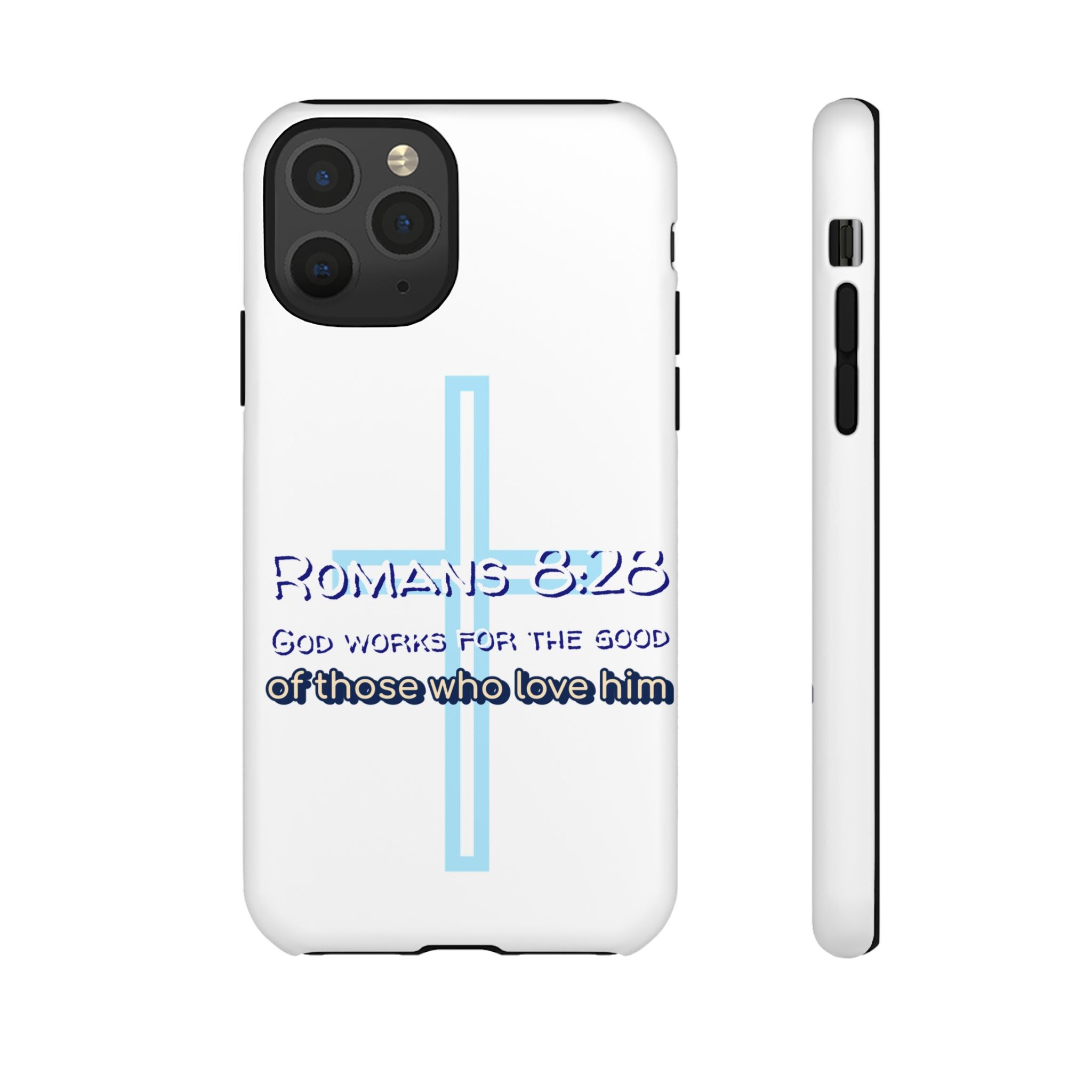 White Case of iPhone series -Romans 8:28 God works for the Good of those who loves him. Tough Cases for Faith & Inspiration, Christian Gifts, Stylish Protection, Bible Verse Accessories