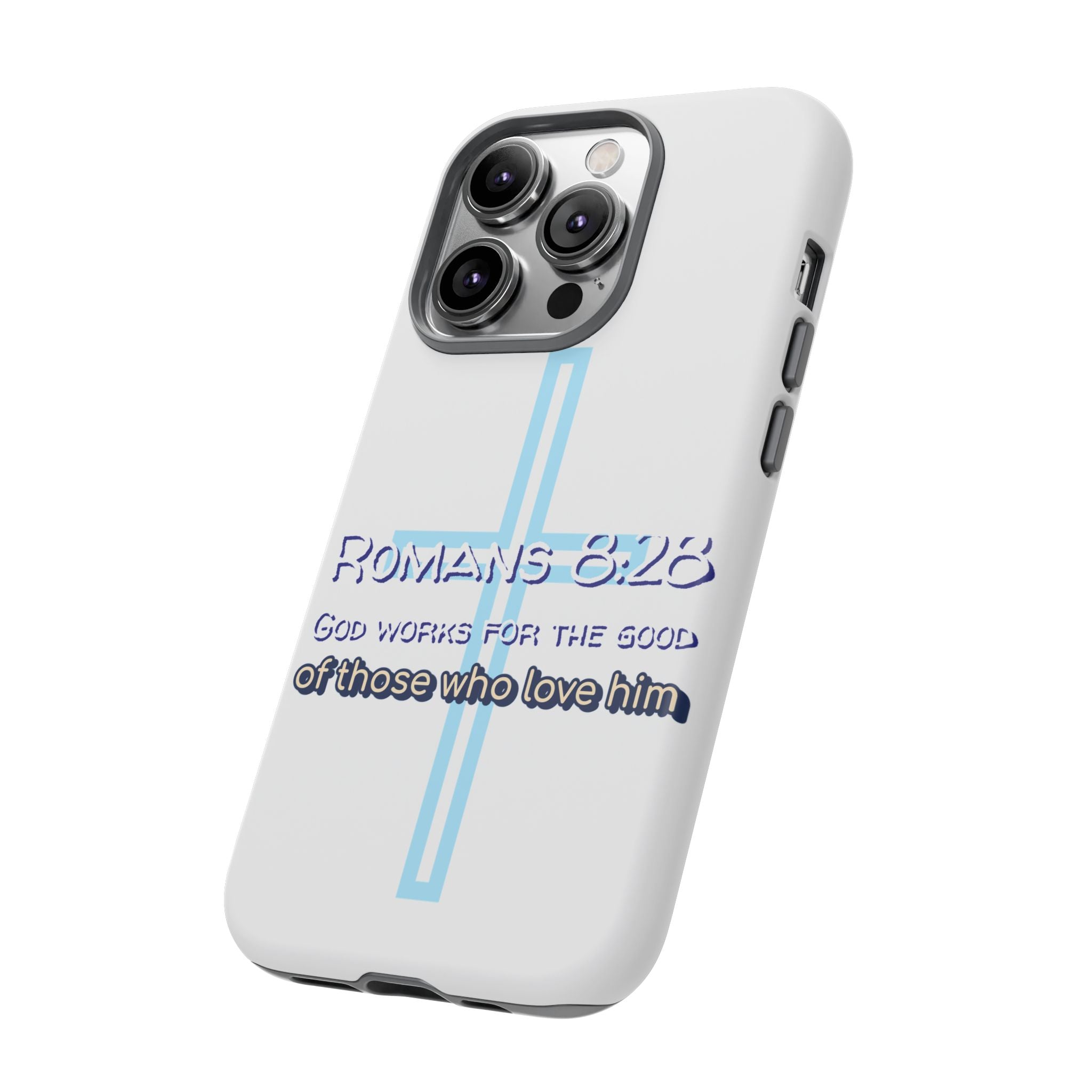 White Case of iPhone series -Romans 8:28 God works for the Good of those who loves him. Tough Cases for Faith & Inspiration, Christian Gifts, Stylish Protection, Bible Verse Accessories