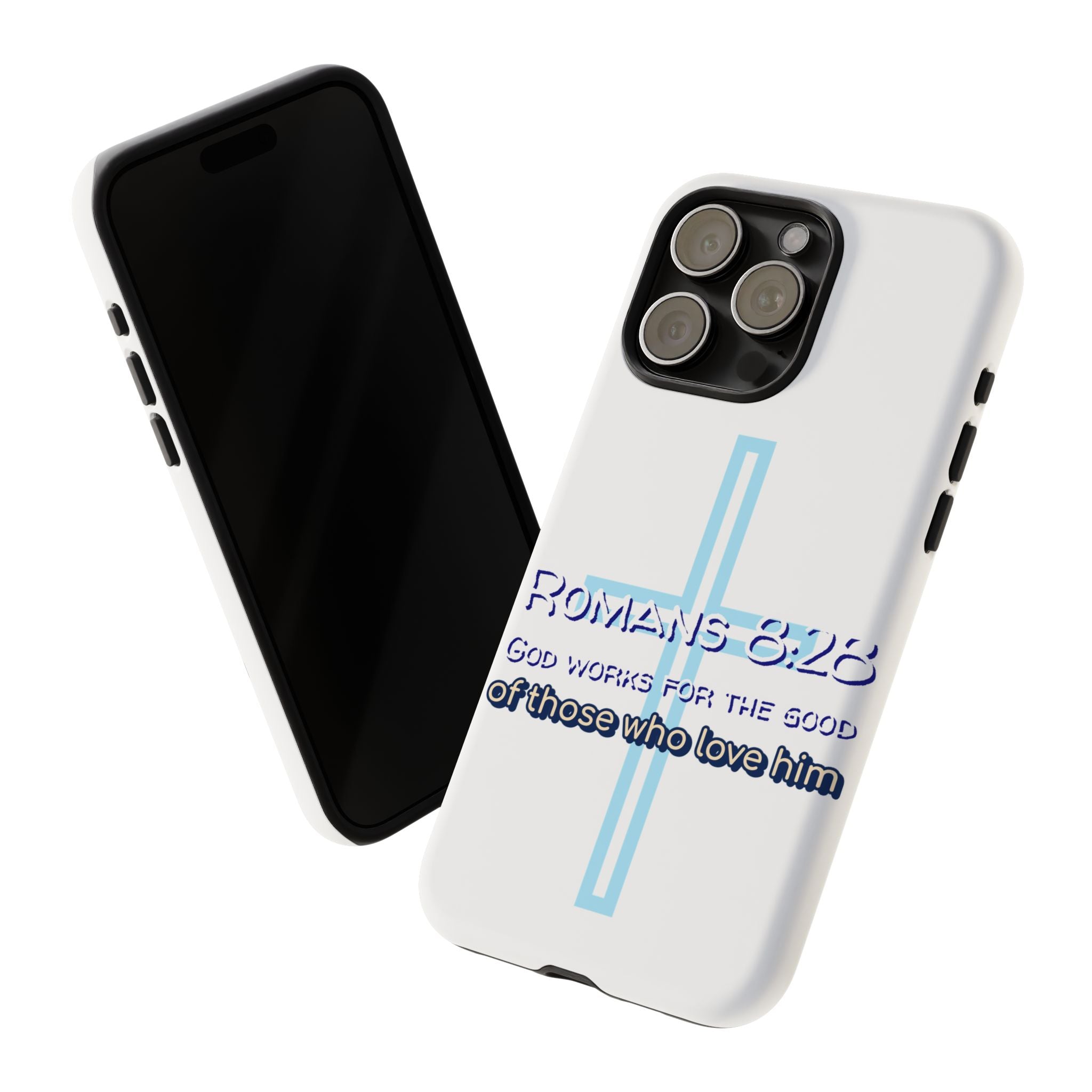 White Case of iPhone series -Romans 8:28 God works for the Good of those who loves him. Tough Cases for Faith & Inspiration, Christian Gifts, Stylish Protection, Bible Verse Accessories