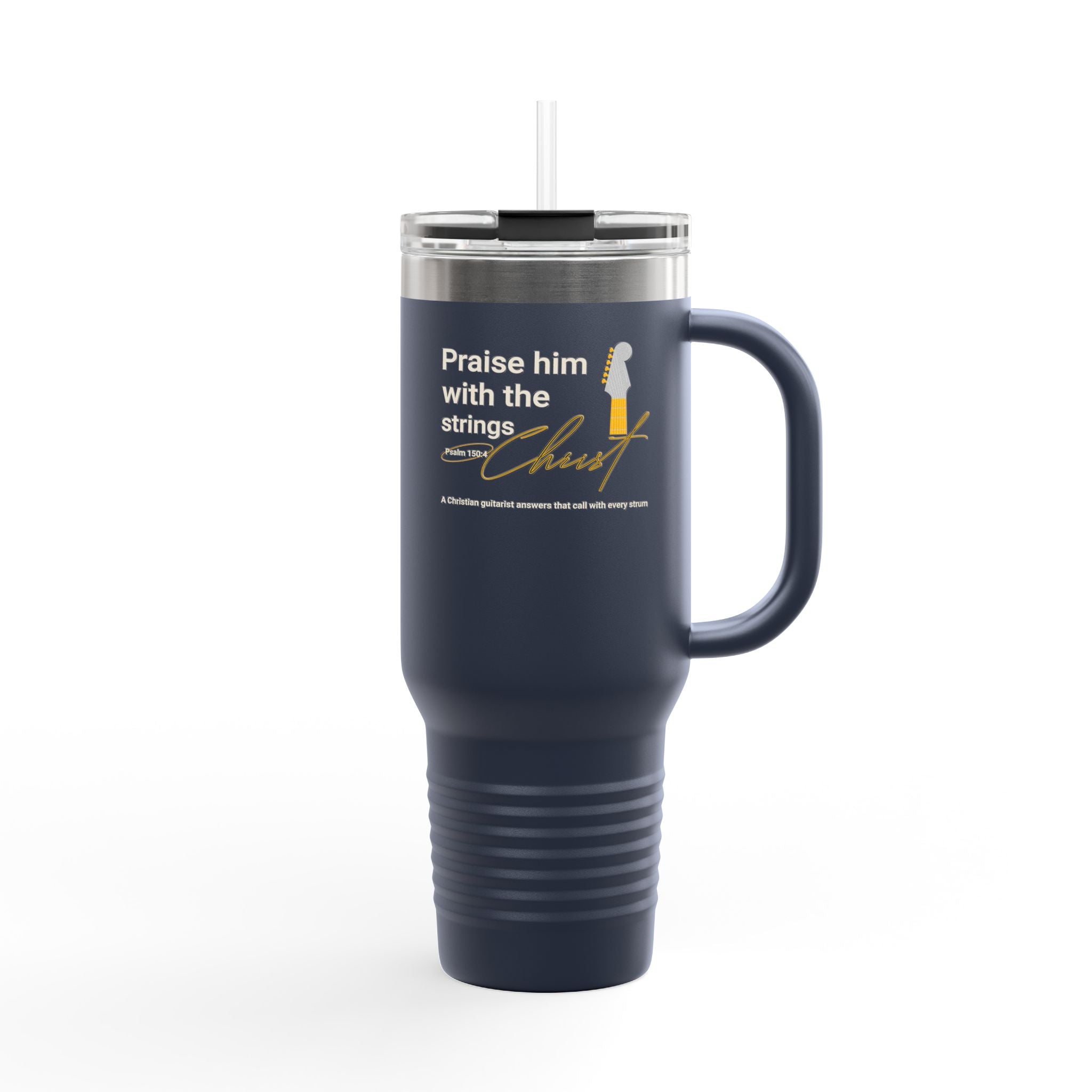 Personalized Insulated Travel Mug. Insulated Travel Mug with Inspirational Quote Praise God with the strings. Perfect Gift for Travelers & Those on the Go or a guitar player.
