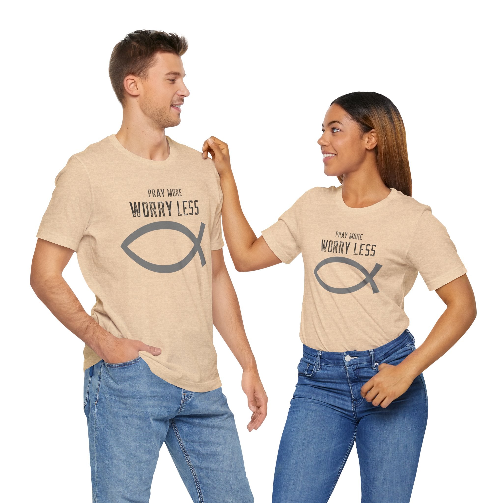 Faith-Pray more worry less Unisex Tee unisex, Christian fish Shirt, Spiritual Gift, Casual Wear, Perfect for Holidays, Christian Attire, Gifts.