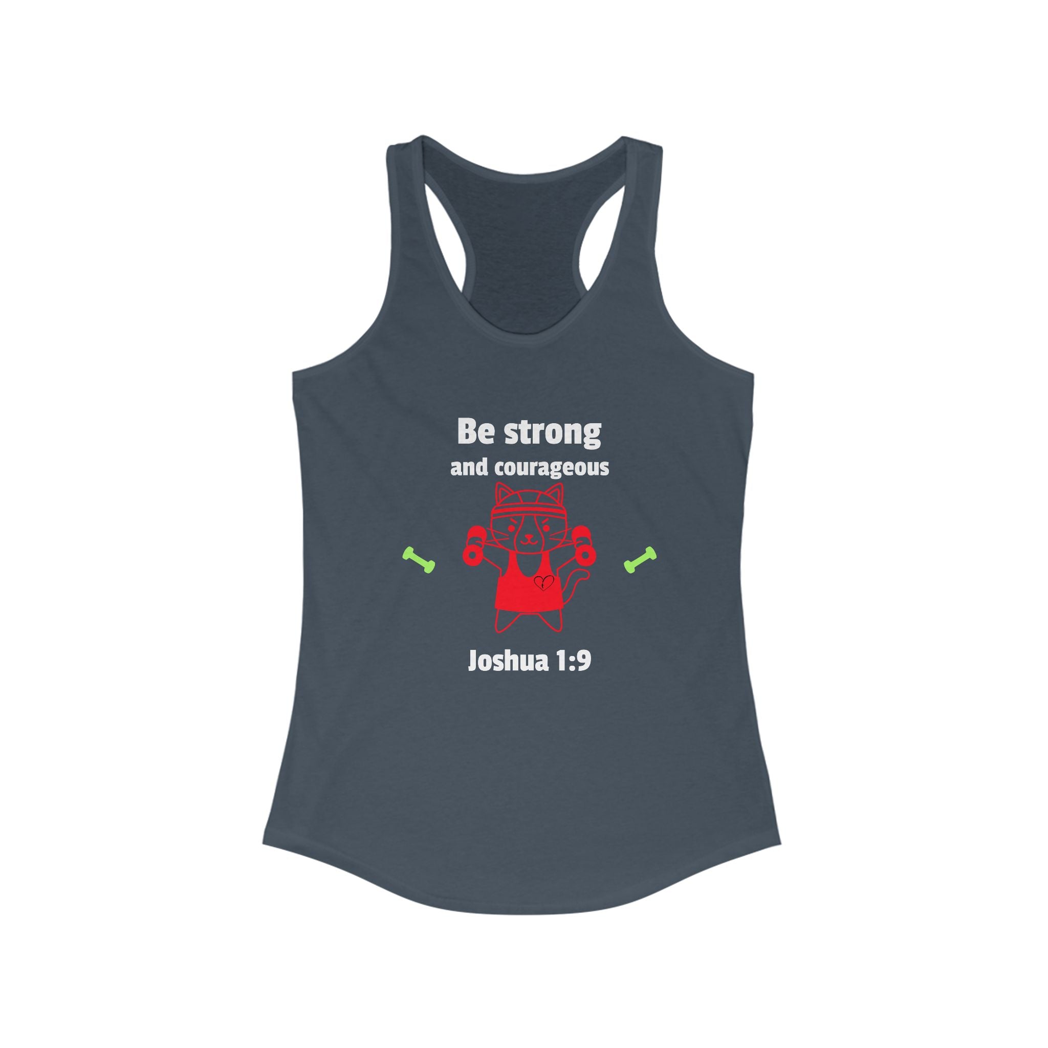 Workout Tank Top, Motivational Gym Wear Be Strong and Courageous, workout tank cat lifting, Fitness Apparel, Women's Racerback, Biblical Quote Top
