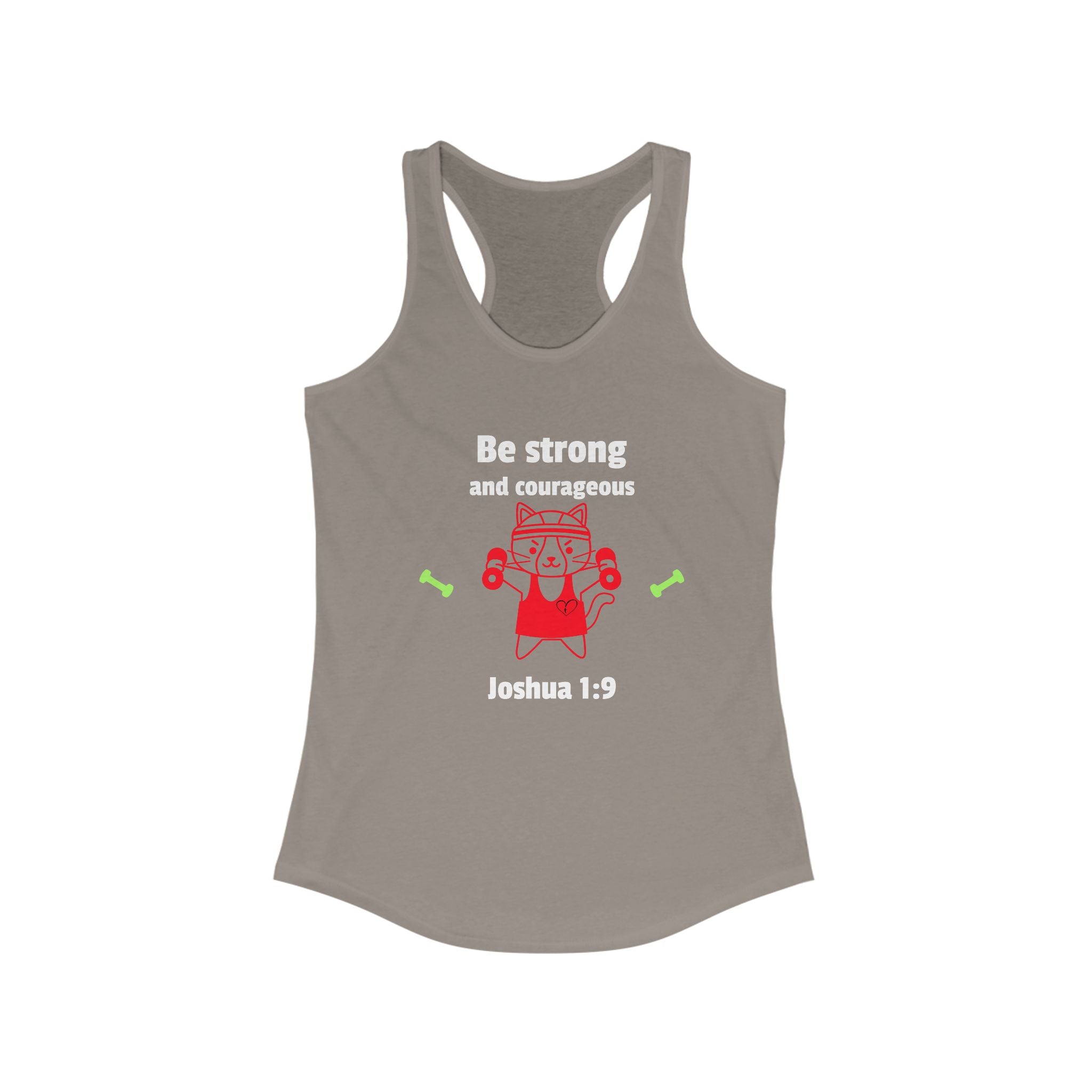 Workout Tank Top, Motivational Gym Wear Be Strong and Courageous, workout tank cat lifting, Fitness Apparel, Women's Racerback, Biblical Quote Top