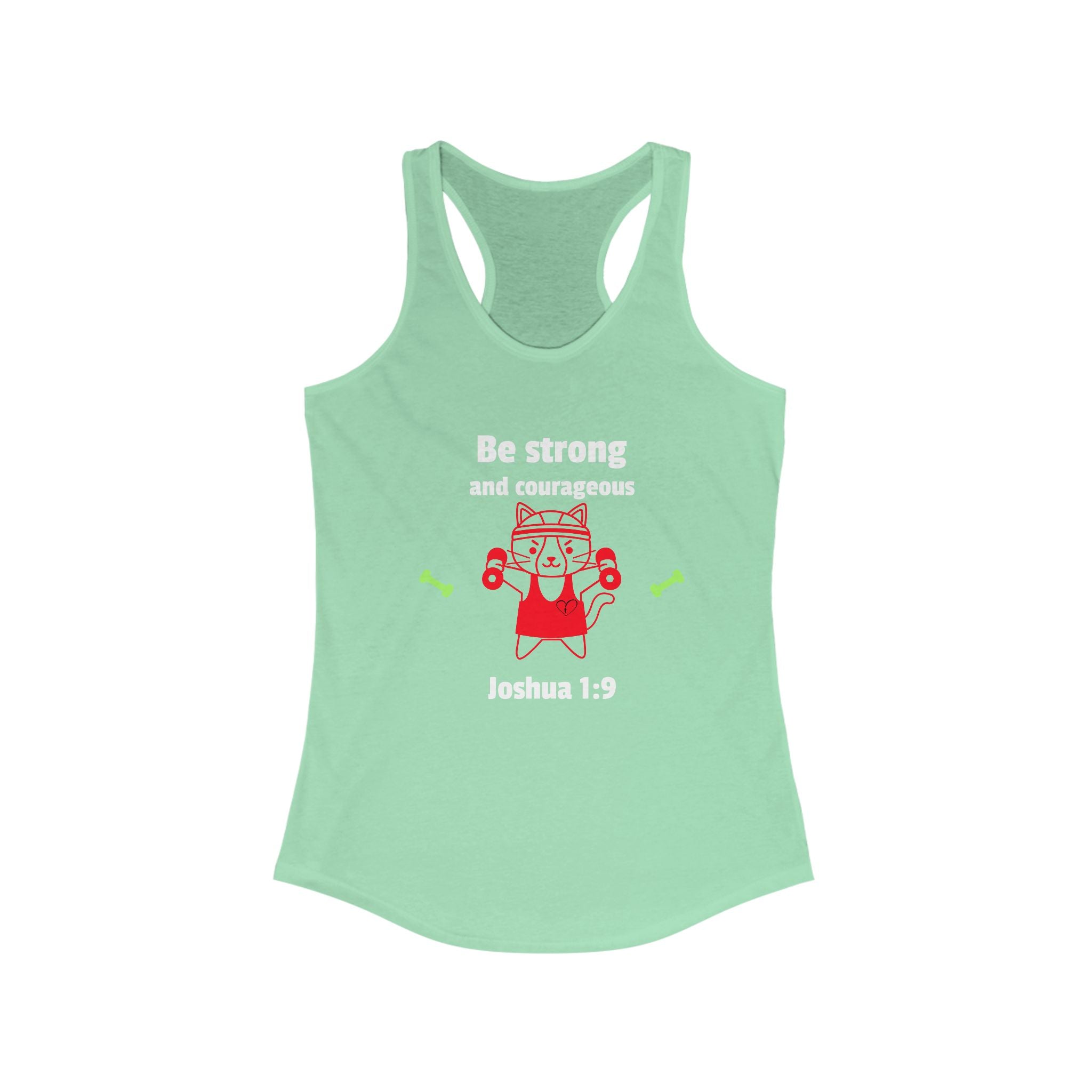 Workout Tank Top, Motivational Gym Wear Be Strong and Courageous, workout tank cat lifting, Fitness Apparel, Women's Racerback, Biblical Quote Top