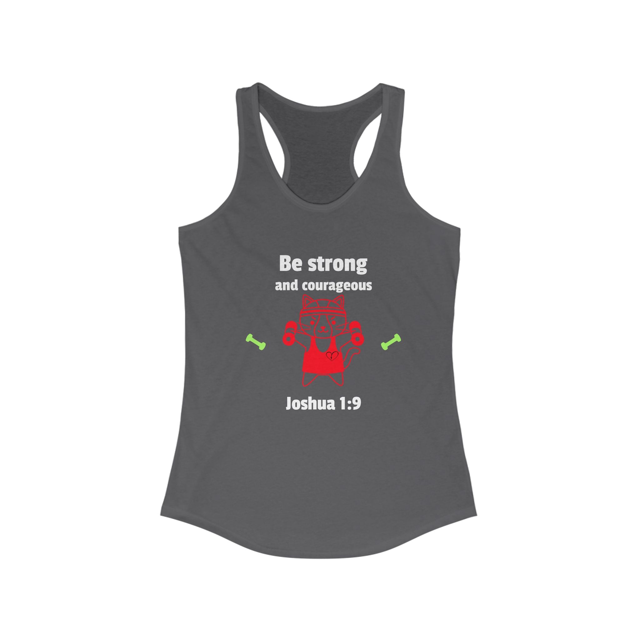 Workout Tank Top, Motivational Gym Wear Be Strong and Courageous, workout tank cat lifting, Fitness Apparel, Women's Racerback, Biblical Quote Top