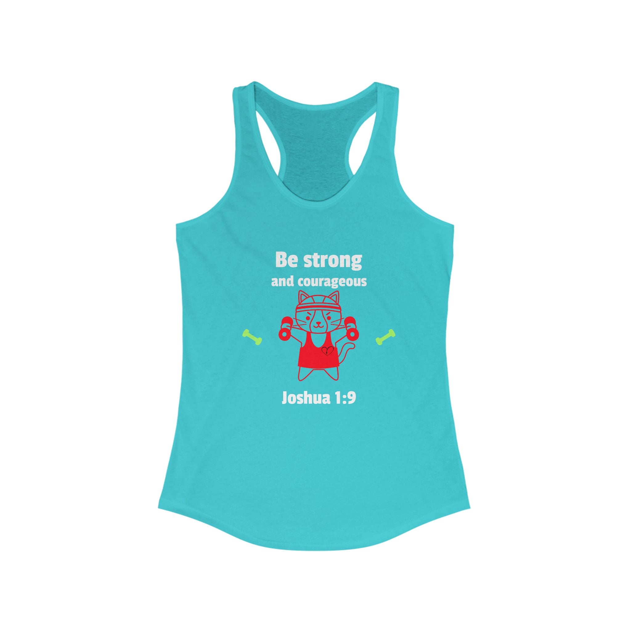 Workout Tank Top, Motivational Gym Wear Be Strong and Courageous, workout tank cat lifting, Fitness Apparel, Women's Racerback, Biblical Quote Top