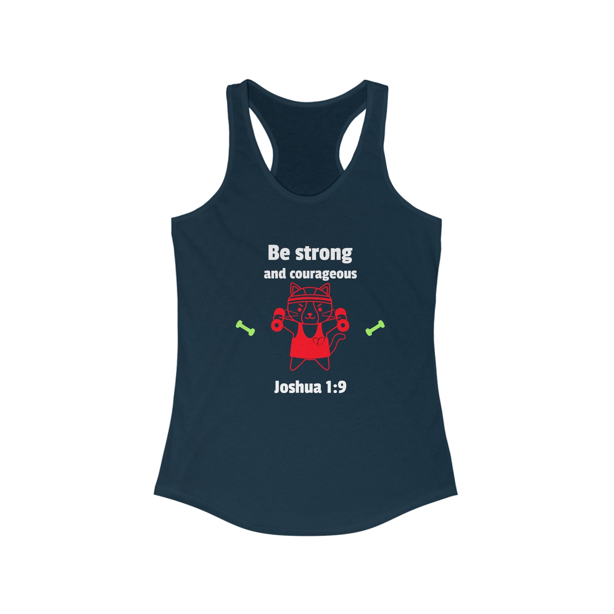 Workout Tank Top, Motivational Gym Wear Be Strong and Courageous, workout tank cat lifting, Fitness Apparel, Women's Racerback, Biblical Quote Top