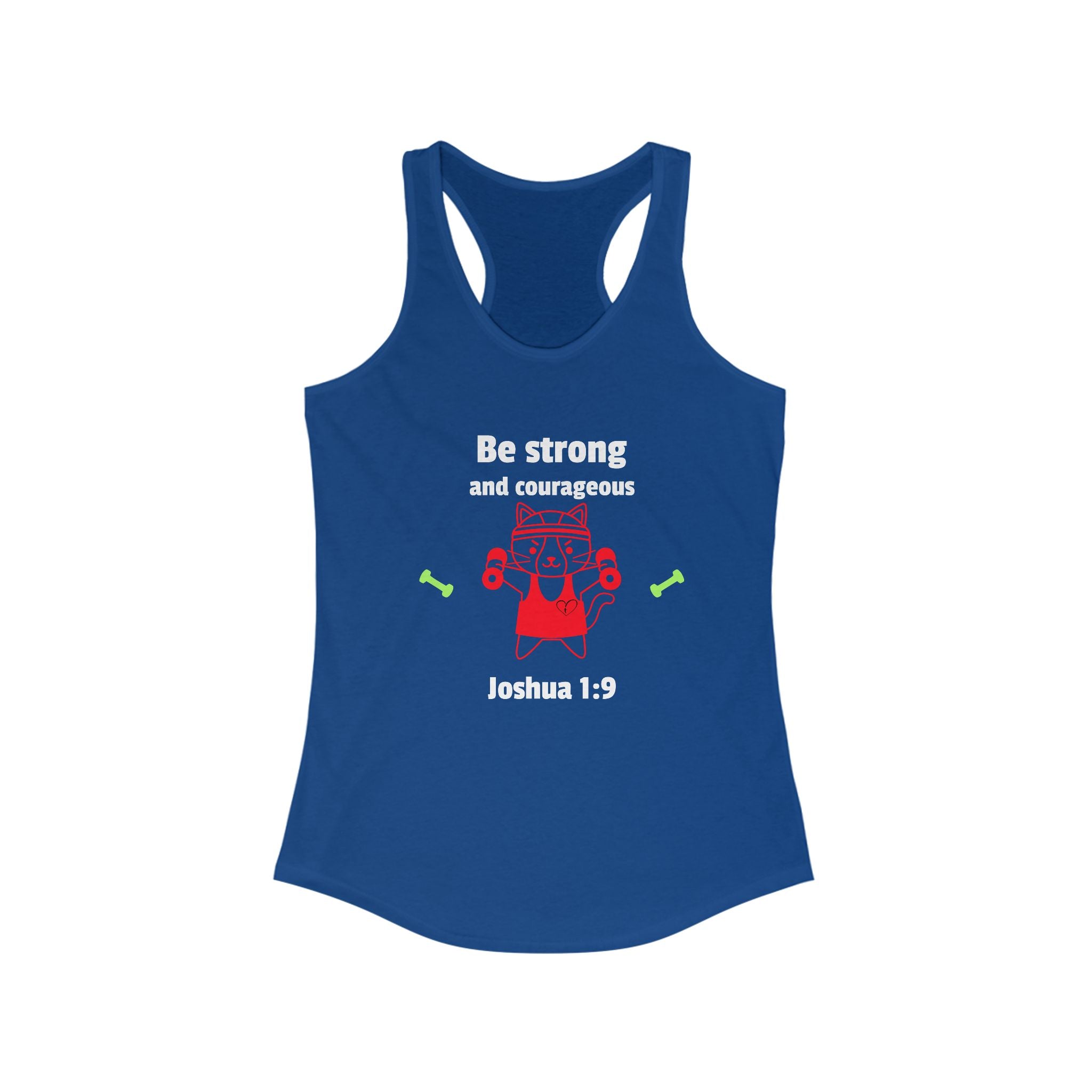 Workout Tank Top, Motivational Gym Wear Be Strong and Courageous, workout tank cat lifting, Fitness Apparel, Women's Racerback, Biblical Quote Top