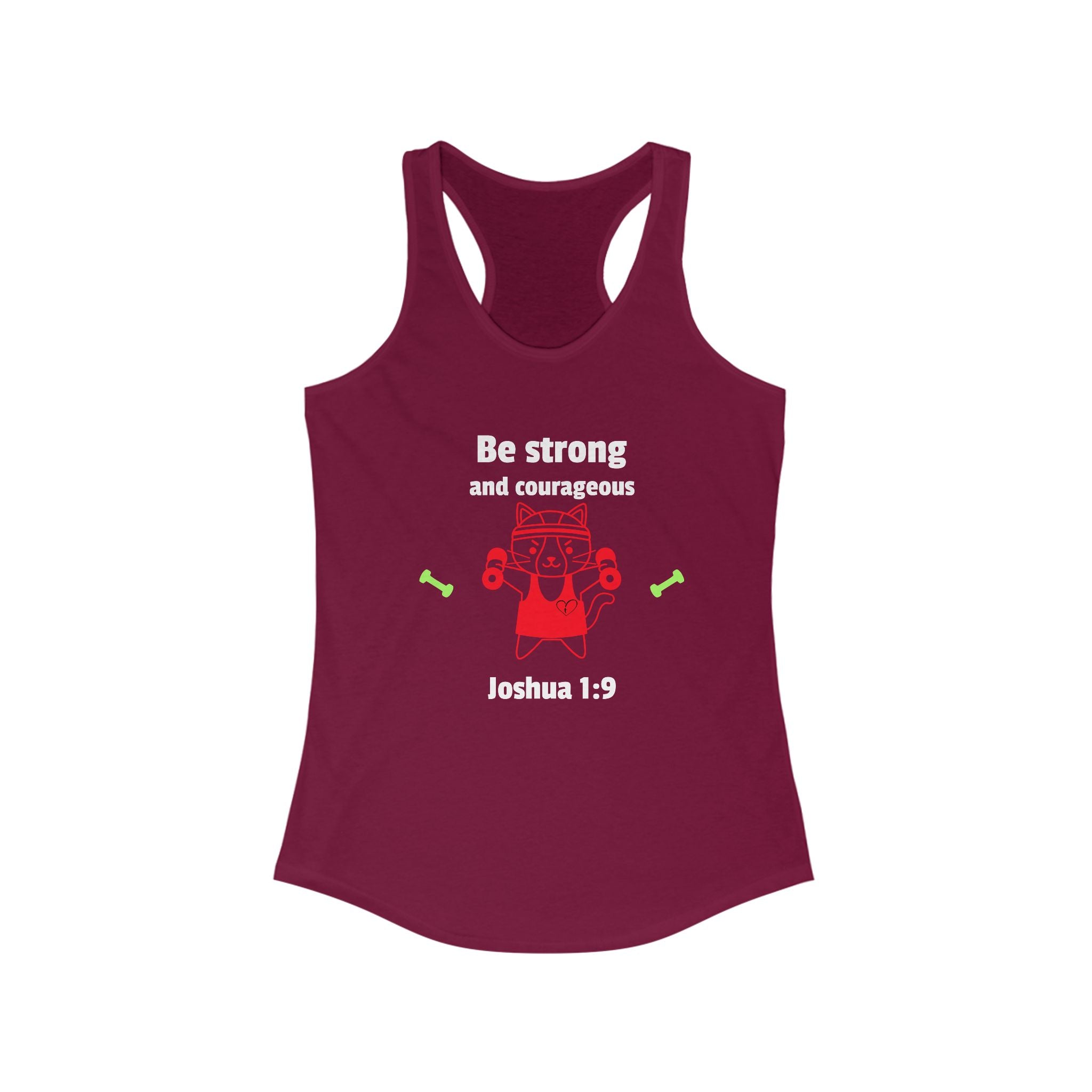 Workout Tank Top, Motivational Gym Wear Be Strong and Courageous, workout tank cat lifting, Fitness Apparel, Women's Racerback, Biblical Quote Top