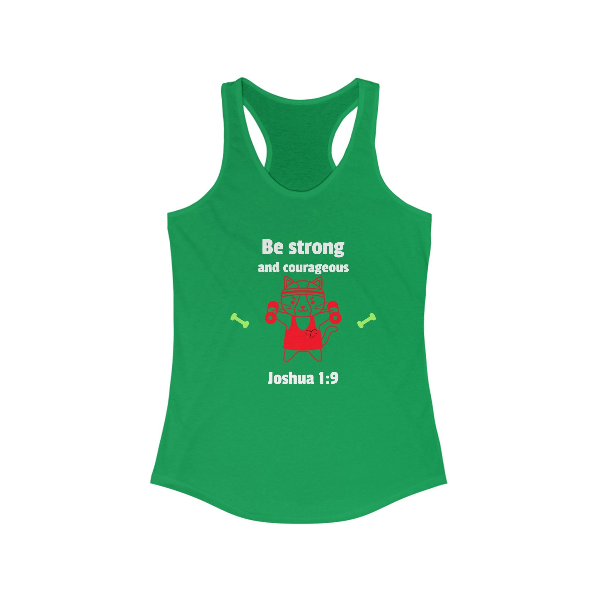 Workout Tank Top, Motivational Gym Wear Be Strong and Courageous, workout tank cat lifting, Fitness Apparel, Women's Racerback, Biblical Quote Top