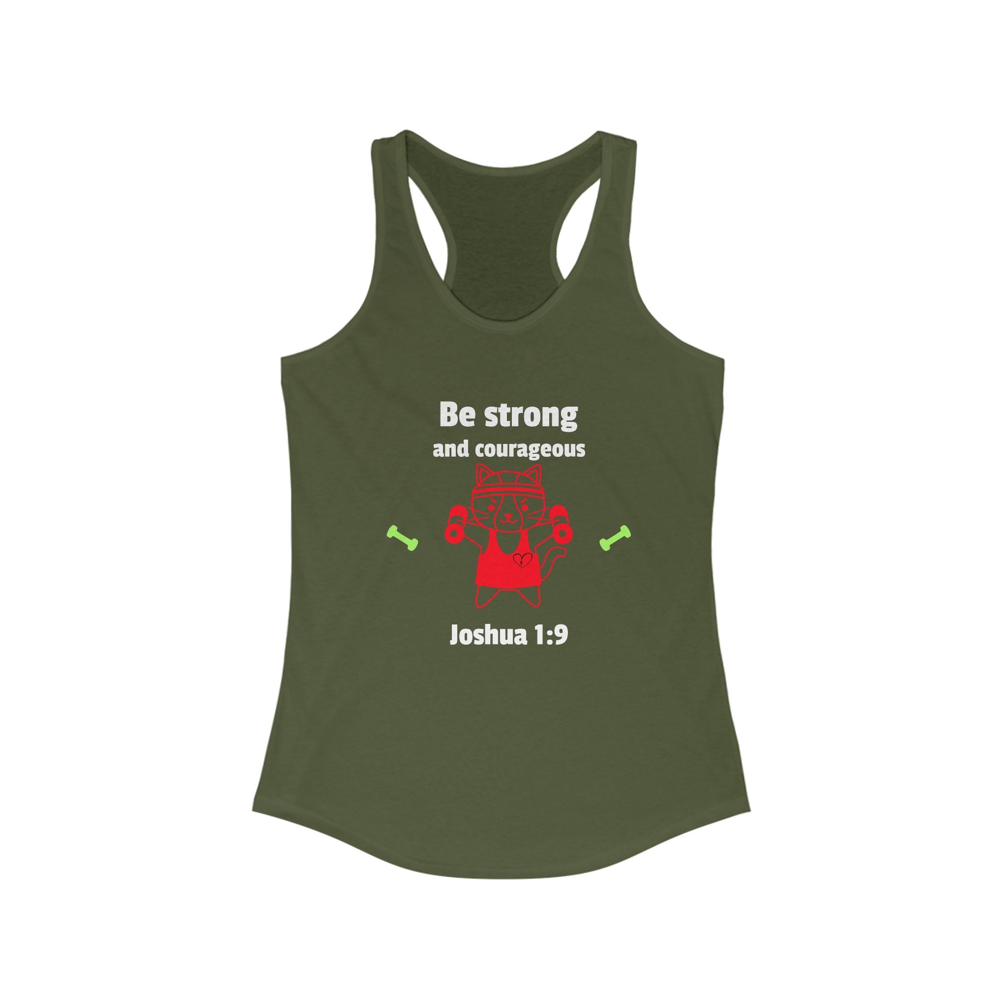 Workout Tank Top, Motivational Gym Wear Be Strong and Courageous, workout tank cat lifting, Fitness Apparel, Women's Racerback, Biblical Quote Top