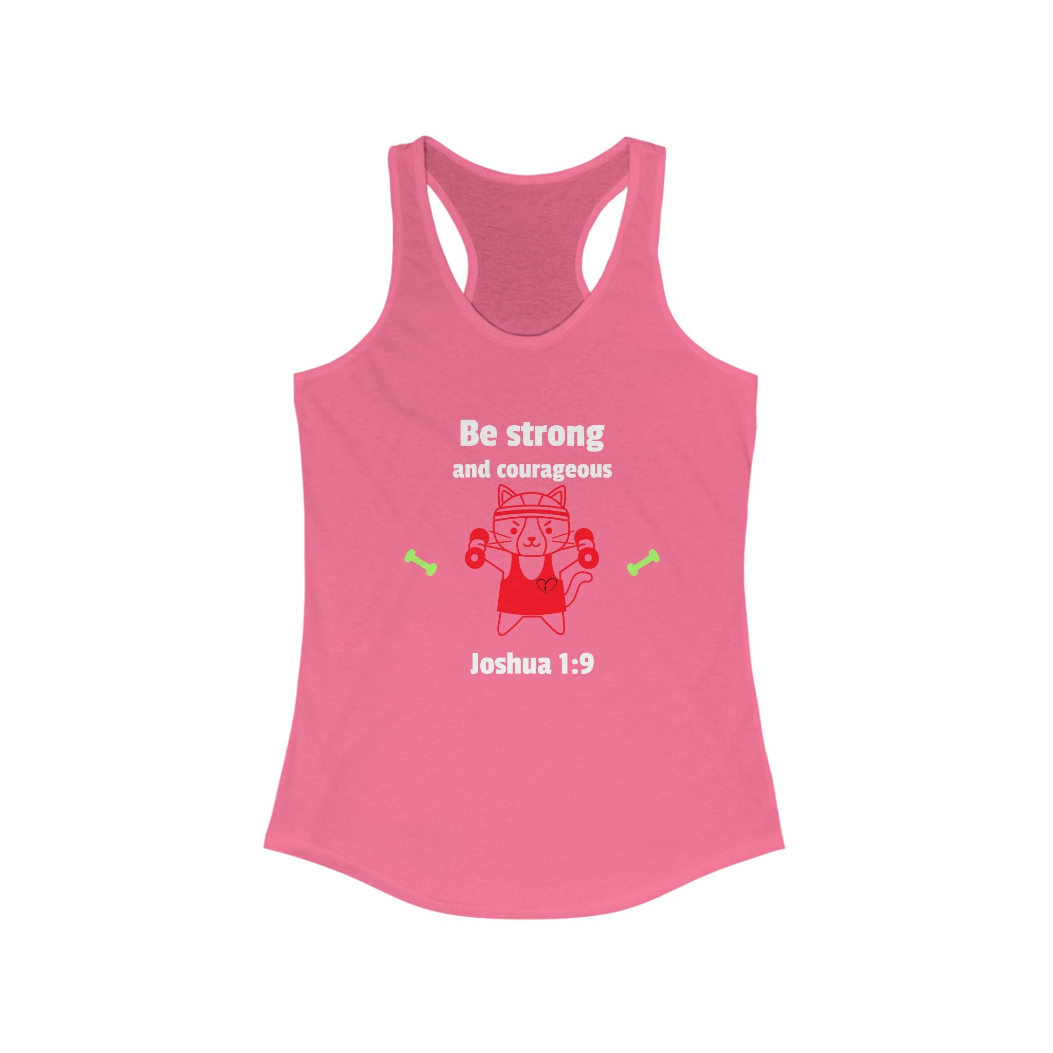 Workout Tank Top, Motivational Gym Wear Be Strong and Courageous, workout tank cat lifting, Fitness Apparel, Women's Racerback, Biblical Quote Top