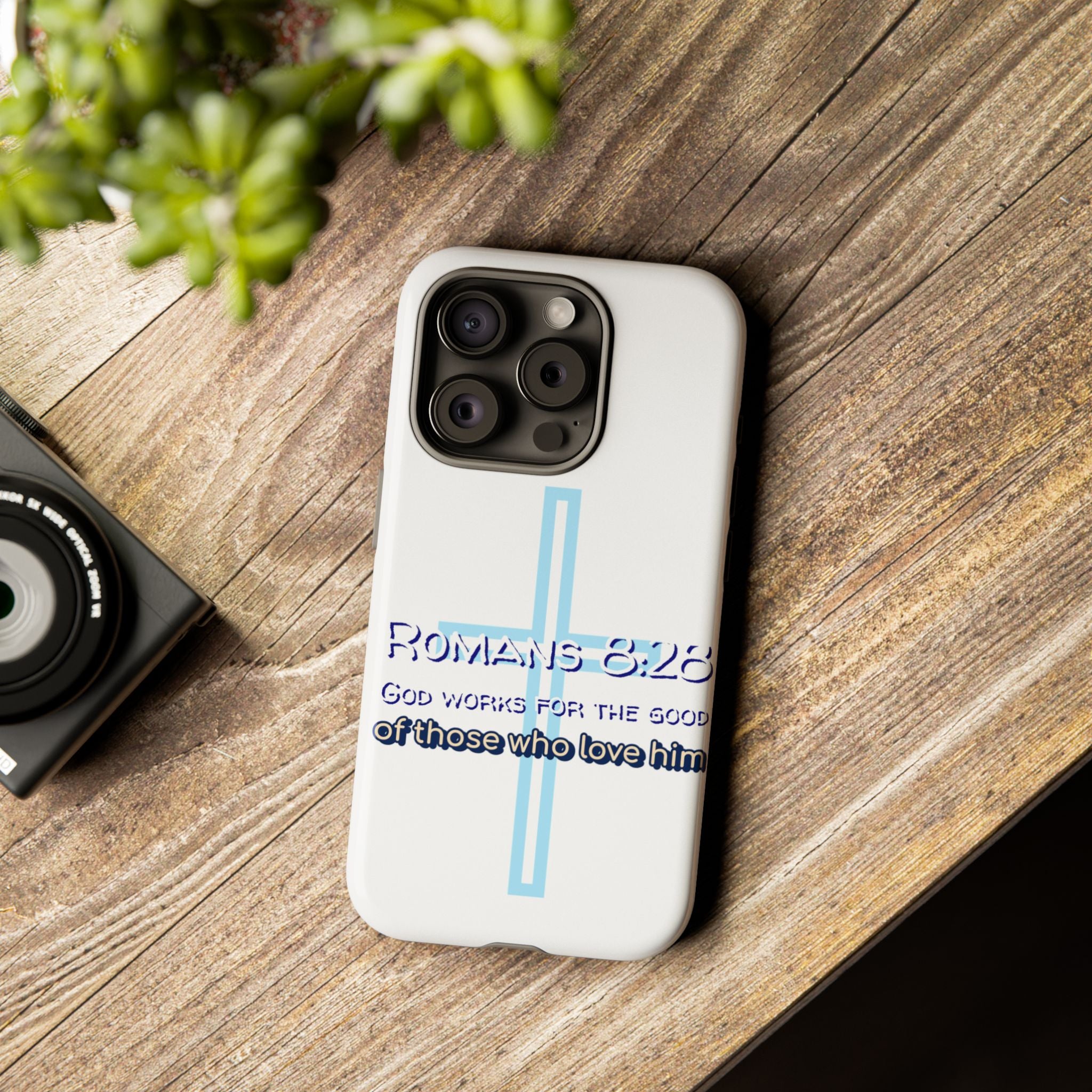 White Case of iPhone series -Romans 8:28 God works for the Good of those who loves him. Tough Cases for Faith & Inspiration, Christian Gifts, Stylish Protection, Bible Verse Accessories