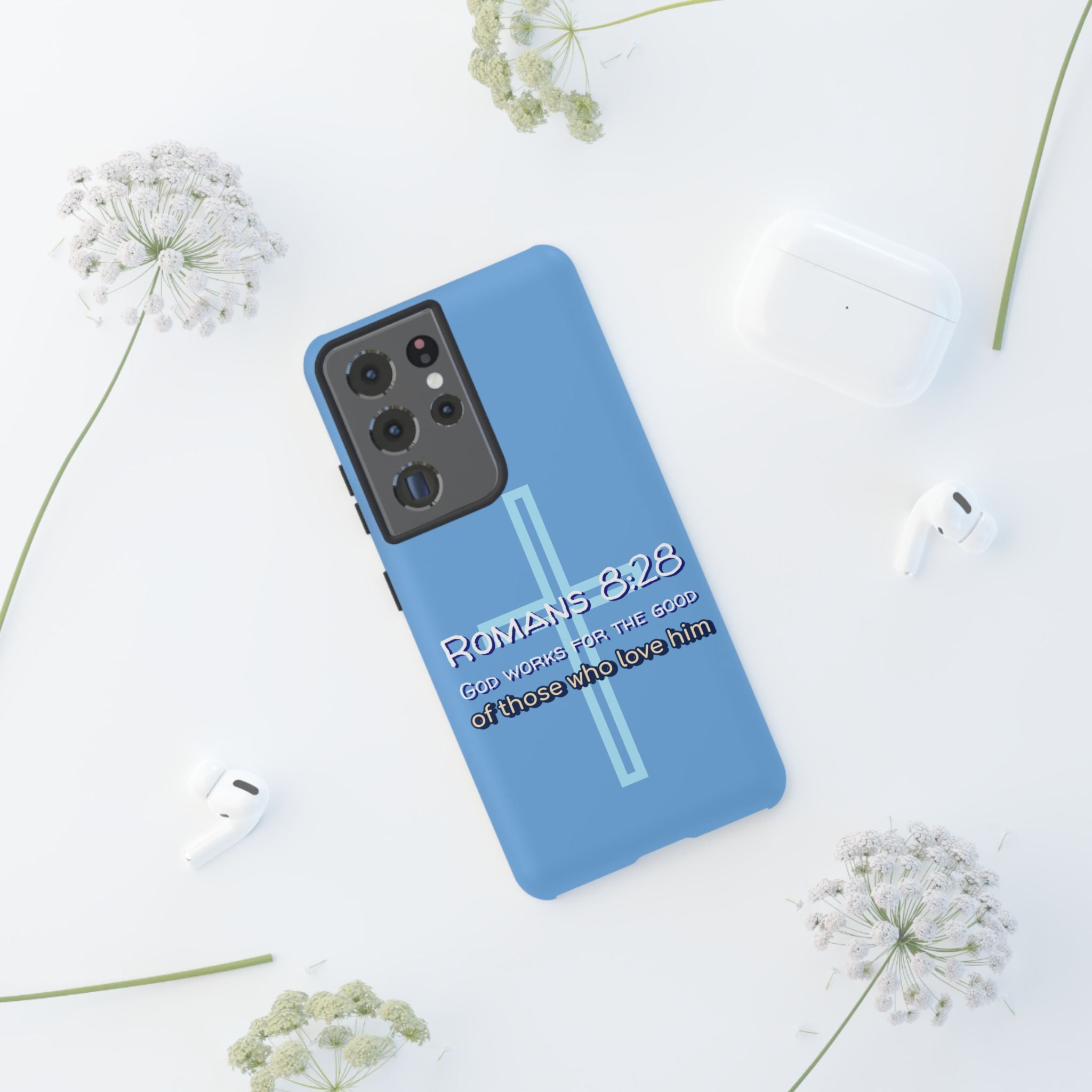 Light Blue Samsung series - Romans 8:28 God works for the Good of those who loves him. Samsung Series Tough Cases for Faith & Inspiration, Christian Gifts, Stylish Protection, Bible Verse Accessories