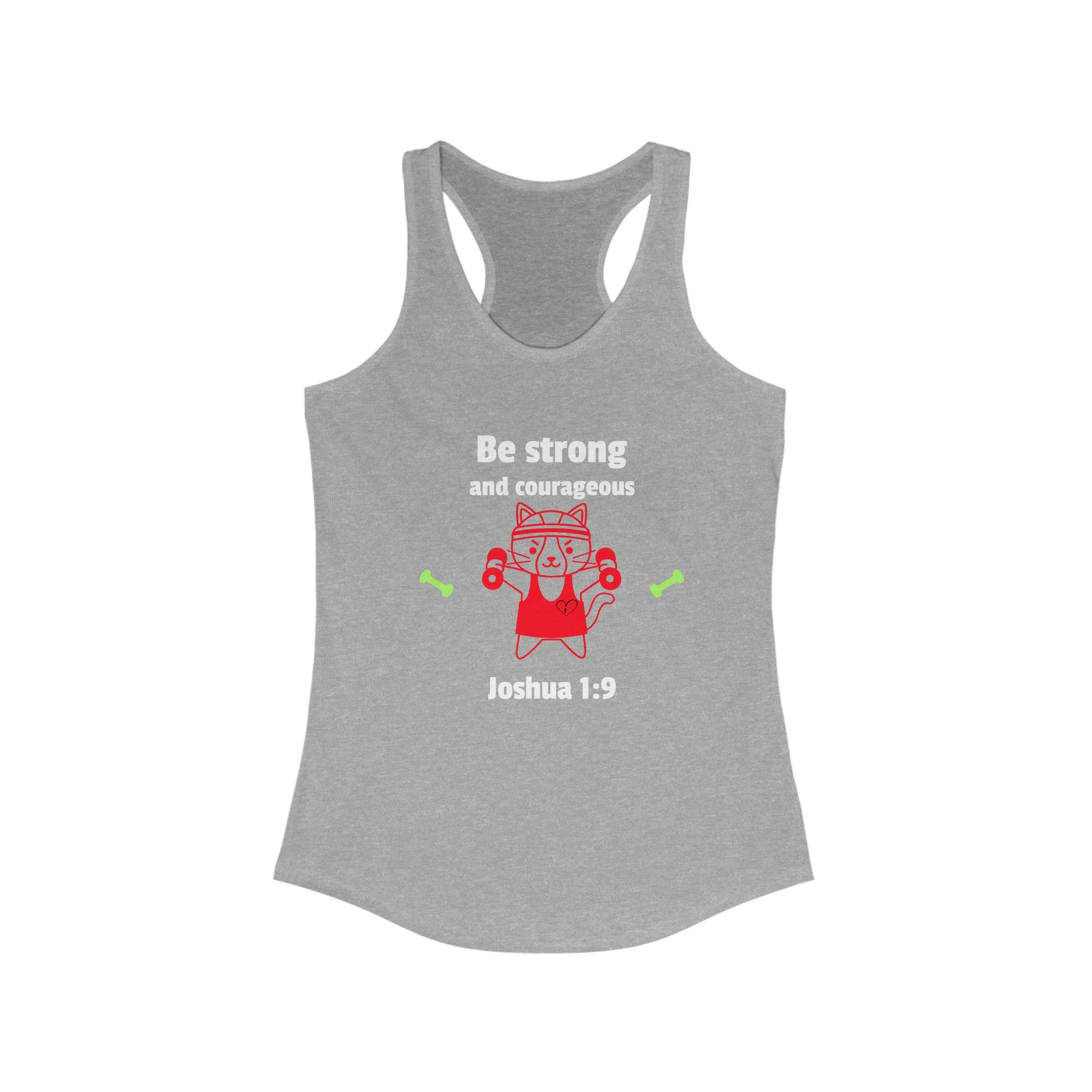Workout Tank Top, Motivational Gym Wear Be Strong and Courageous, workout tank cat lifting, Fitness Apparel, Women's Racerback, Biblical Quote Top