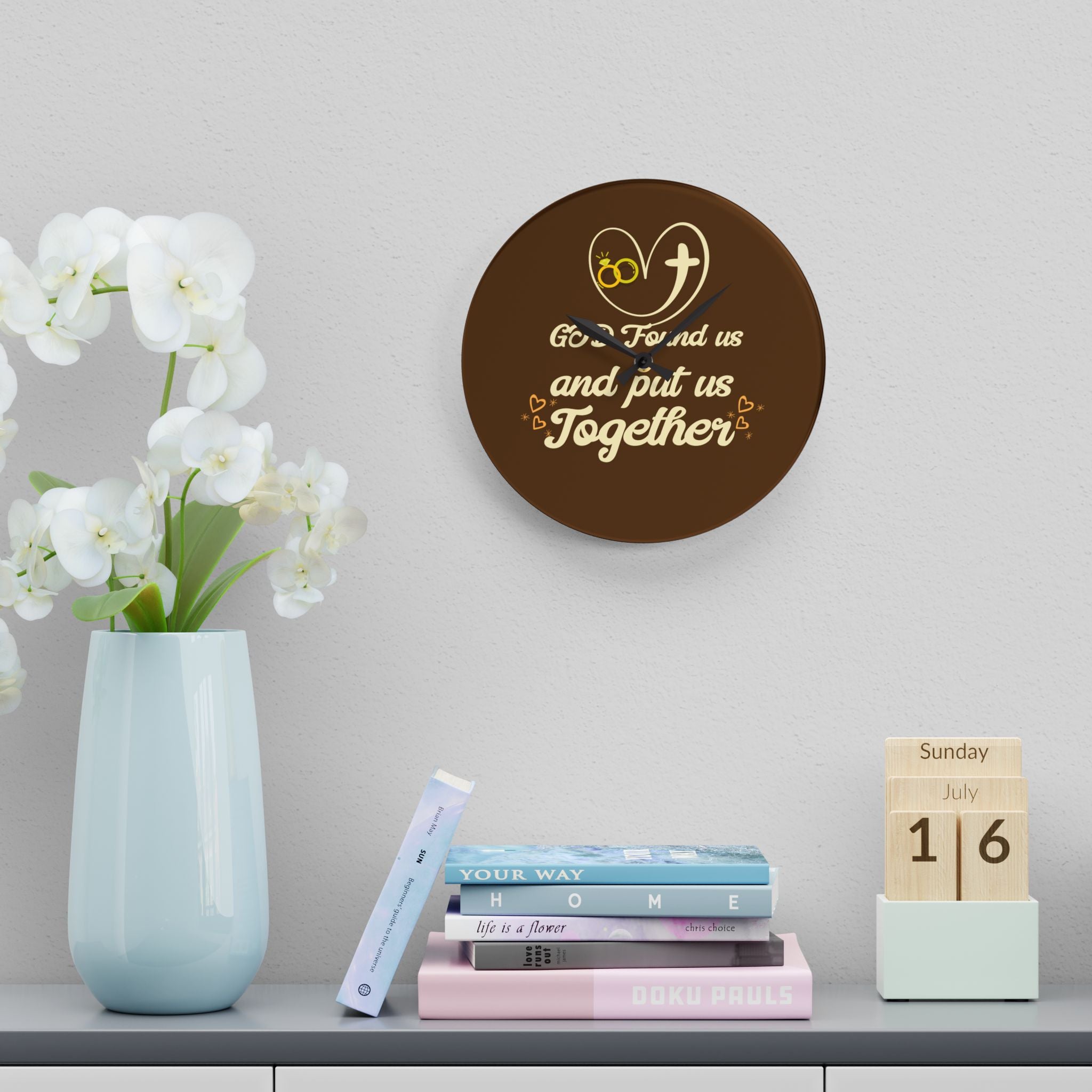 Personalize Couples Acrylic Wall Clock brown face - 'God Found Us and Put Us Together' - Perfect Gift for Weddings, Anniversaries, Bridal, Home Décor.