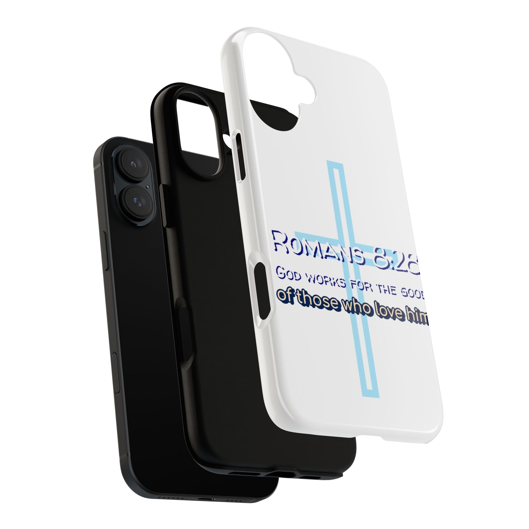 White Case of iPhone series -Romans 8:28 God works for the Good of those who loves him. Tough Cases for Faith & Inspiration, Christian Gifts, Stylish Protection, Bible Verse Accessories