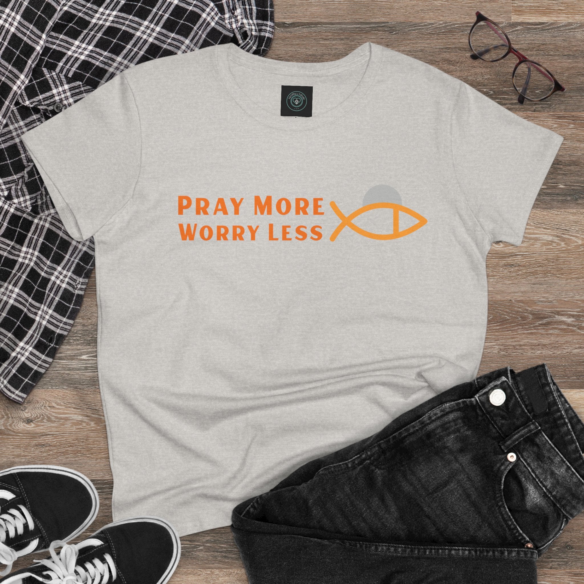 Cotton Tee for Ladies - Pray More Worry Less - Semi-fitted