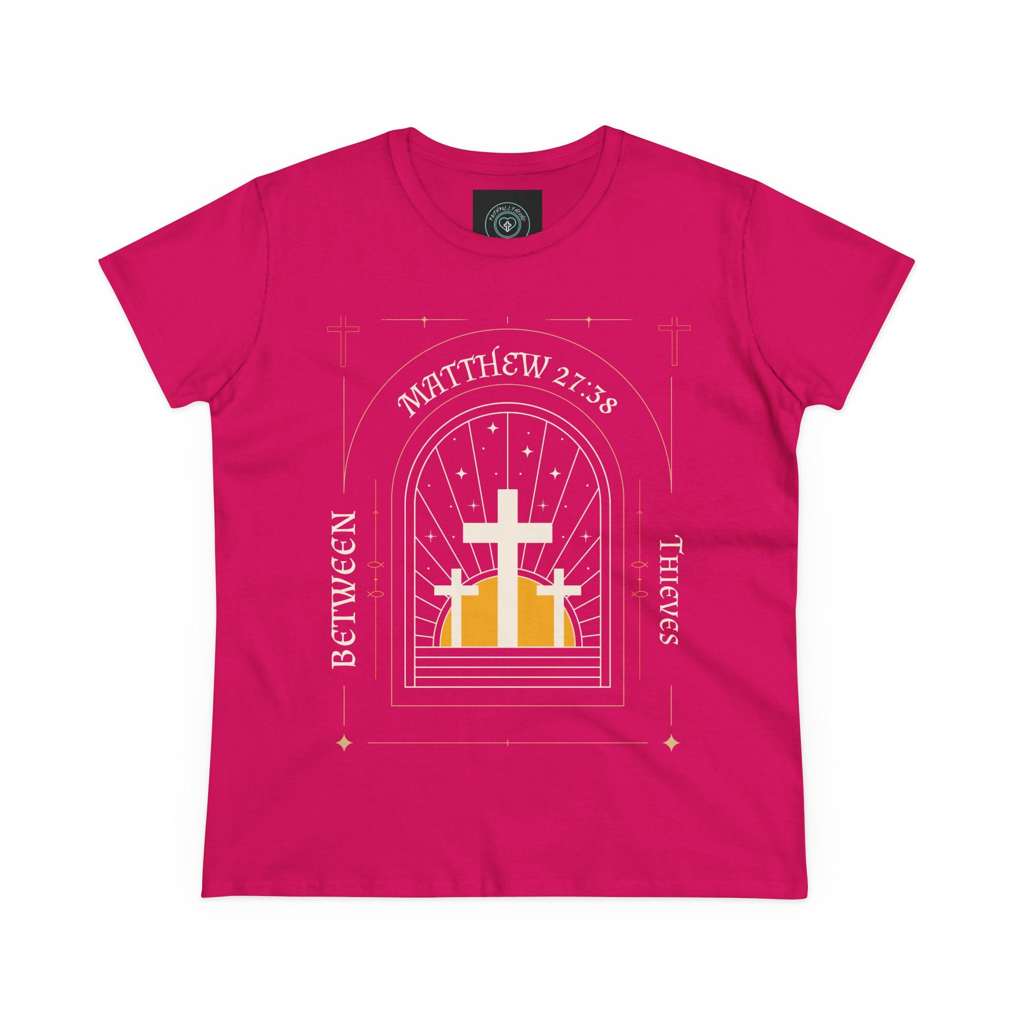 Women's Tee, Casual Faith Shirt semi fitted, Matthew 27:38 Affirmation Top, Godly Girl graphic Tee, Gift for Her - Between thieves.