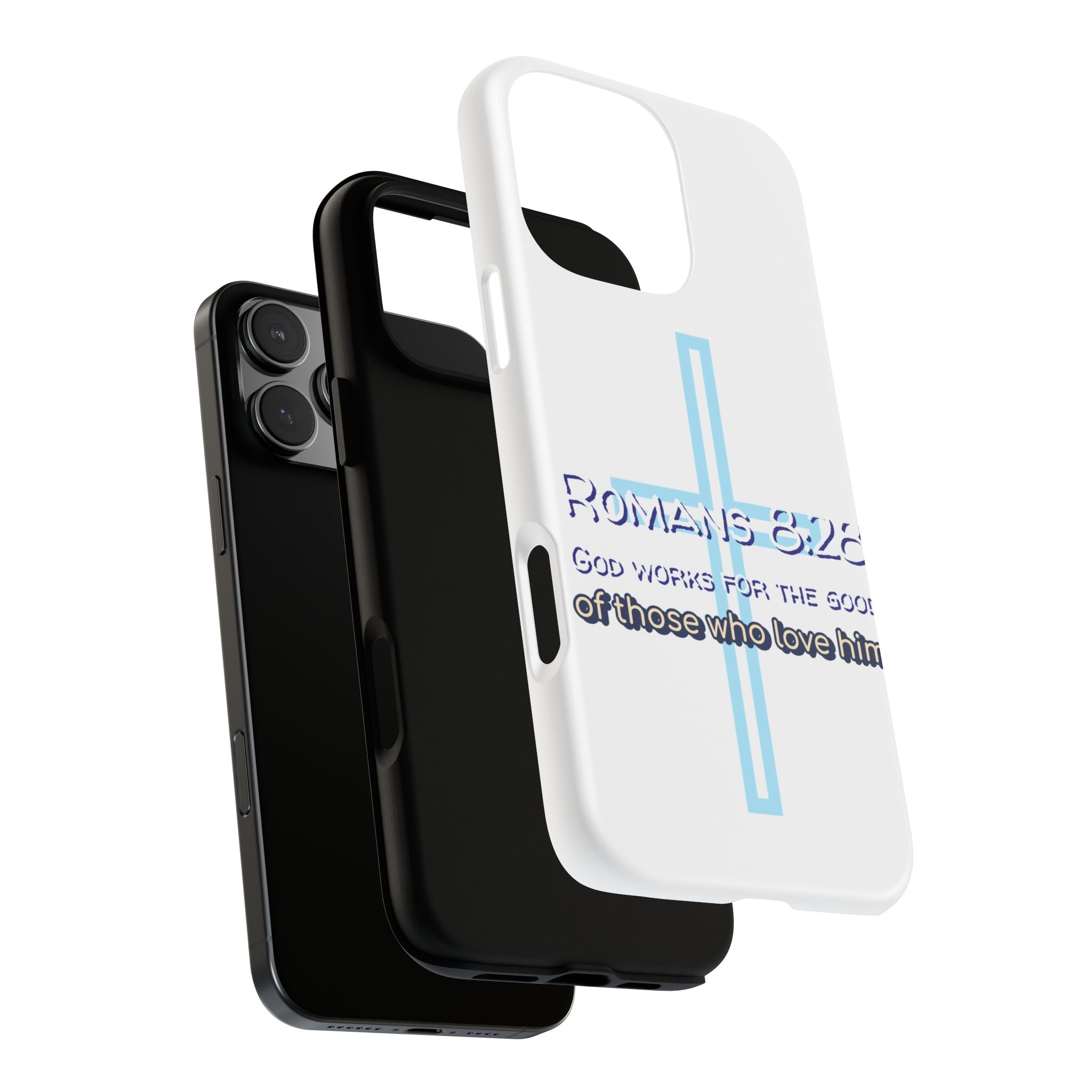 White Case of iPhone series -Romans 8:28 God works for the Good of those who loves him. Tough Cases for Faith & Inspiration, Christian Gifts, Stylish Protection, Bible Verse Accessories