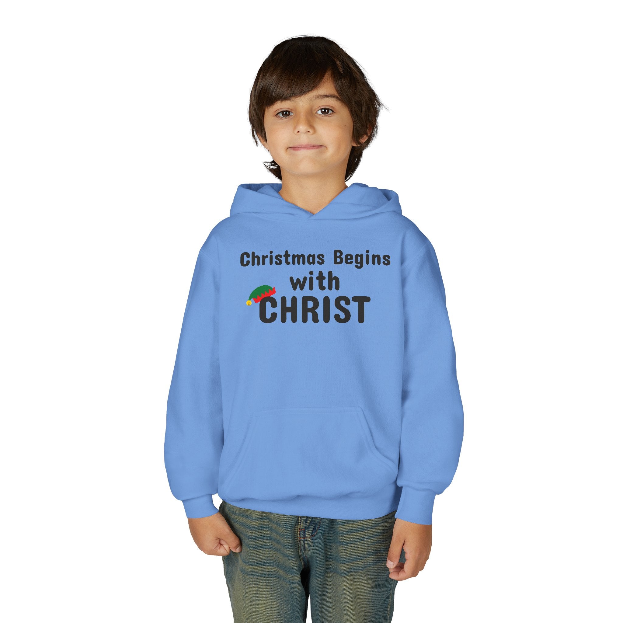 Christmas Begins with Christ Youth Hooded Sweatshirt | Christian Holiday Hoodie for Boys & Girls
