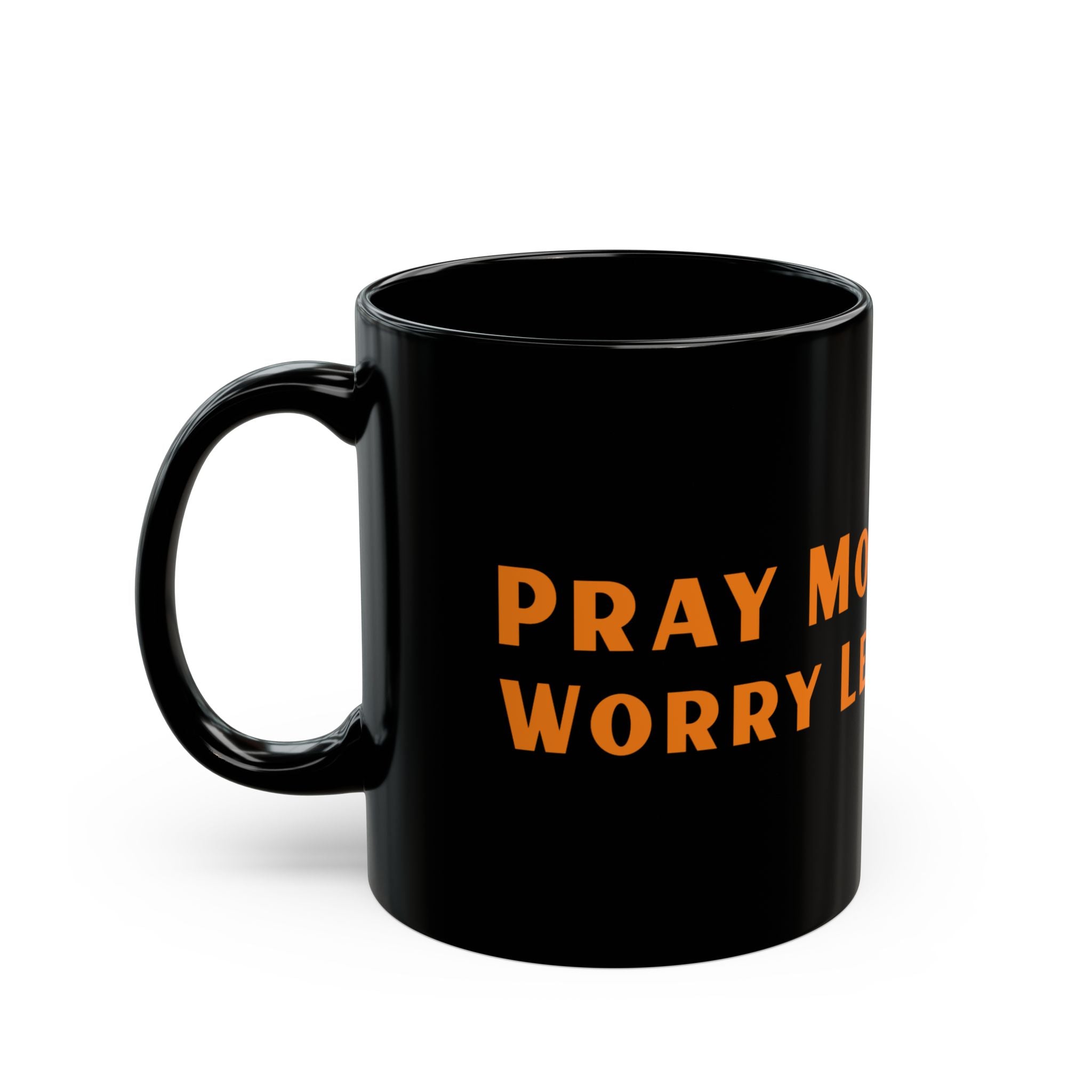 Faith-Inspired Black Mug for Coffee Lovers, Pray more, worry less message. Perfect for a Gift, Religious Mug, Christian Coffee Cup