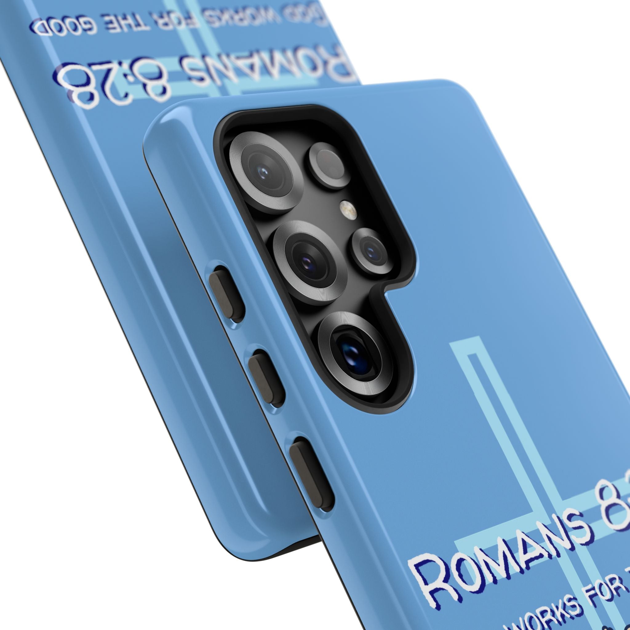 Light Blue Samsung series - Romans 8:28 God works for the Good of those who loves him. Samsung Series Tough Cases for Faith & Inspiration, Christian Gifts, Stylish Protection, Bible Verse Accessories