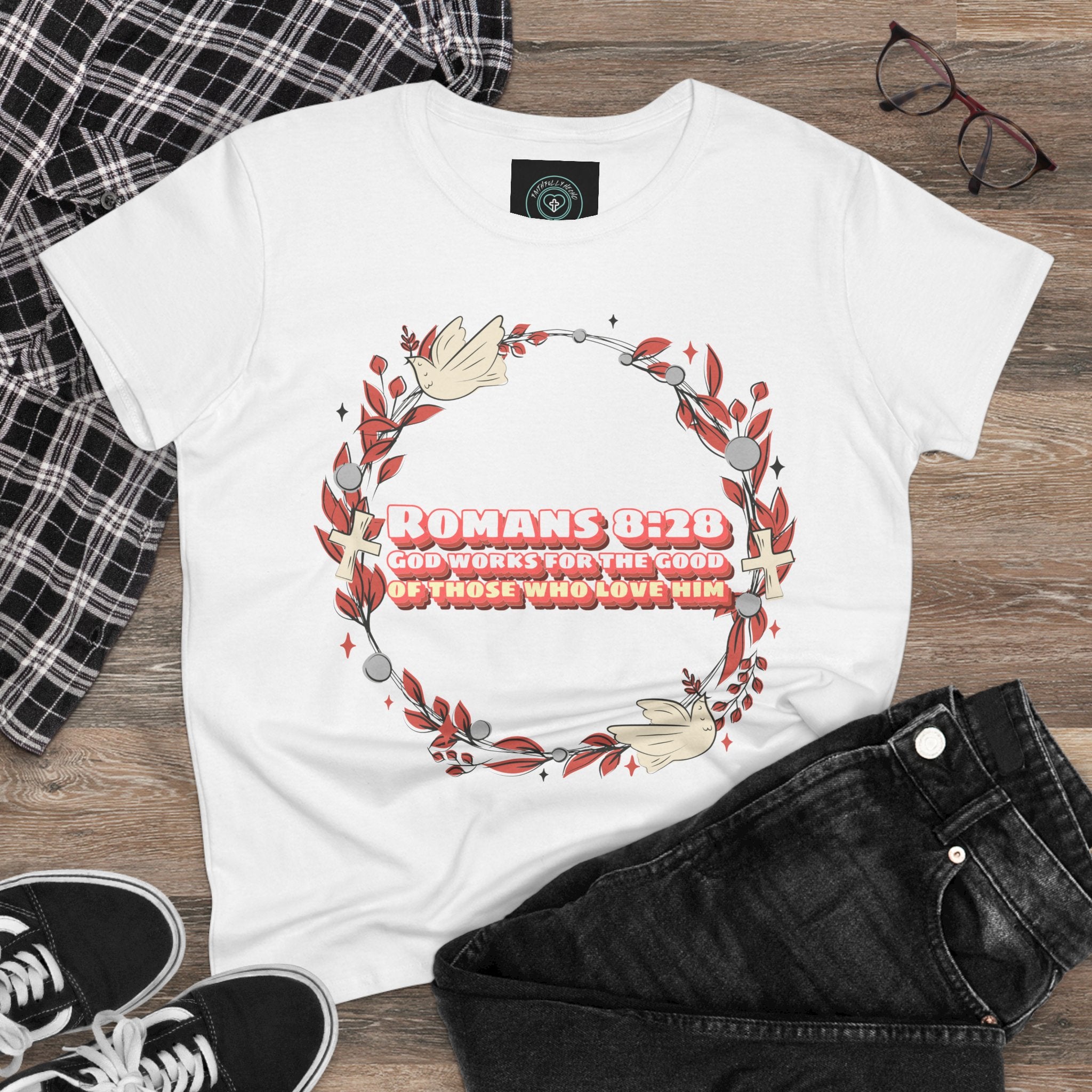 Romans 828 Jesus Women's Tee, Casual Faith Shirt, Everyday Affirmation Top, God works for the good graphic Tee, Gift for Her