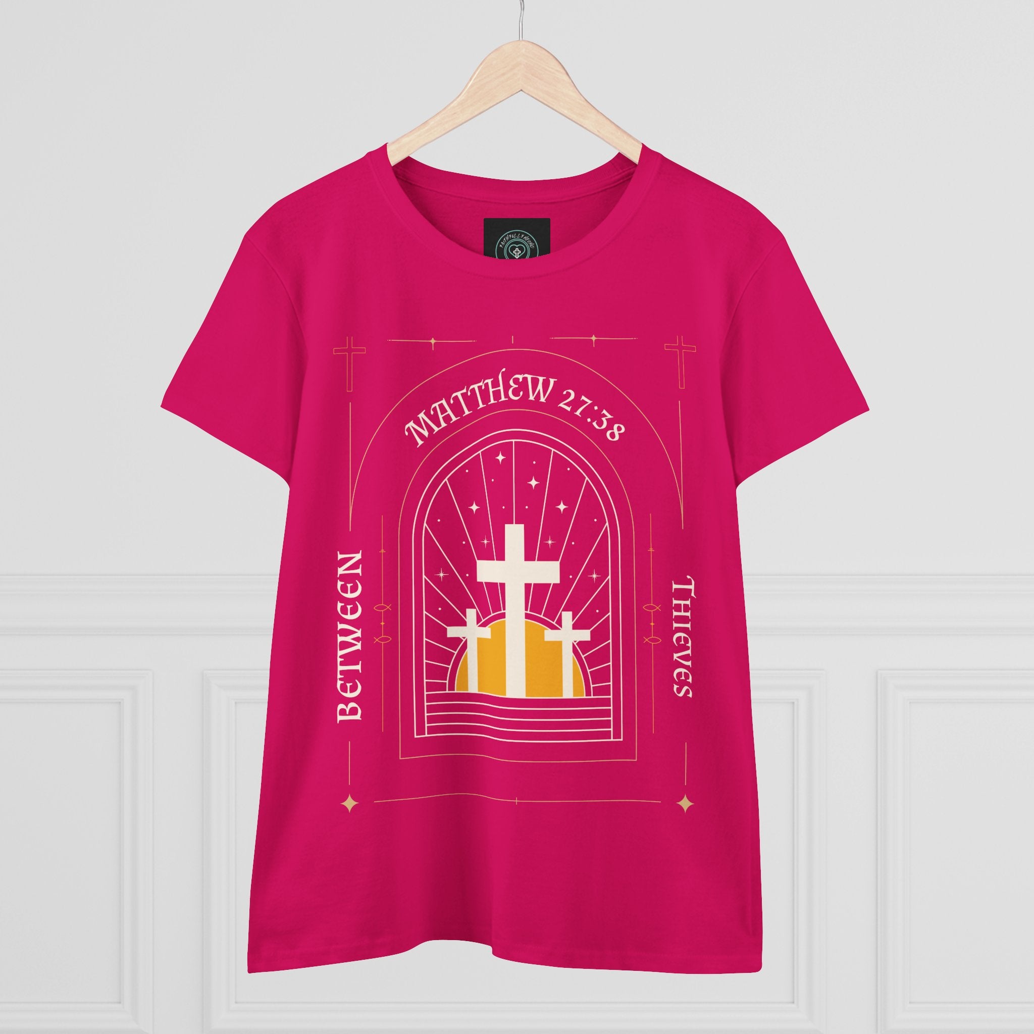 Women's Tee, Casual Faith Shirt semi fitted, Matthew 27:38 Affirmation Top, Godly Girl graphic Tee, Gift for Her - Between thieves.