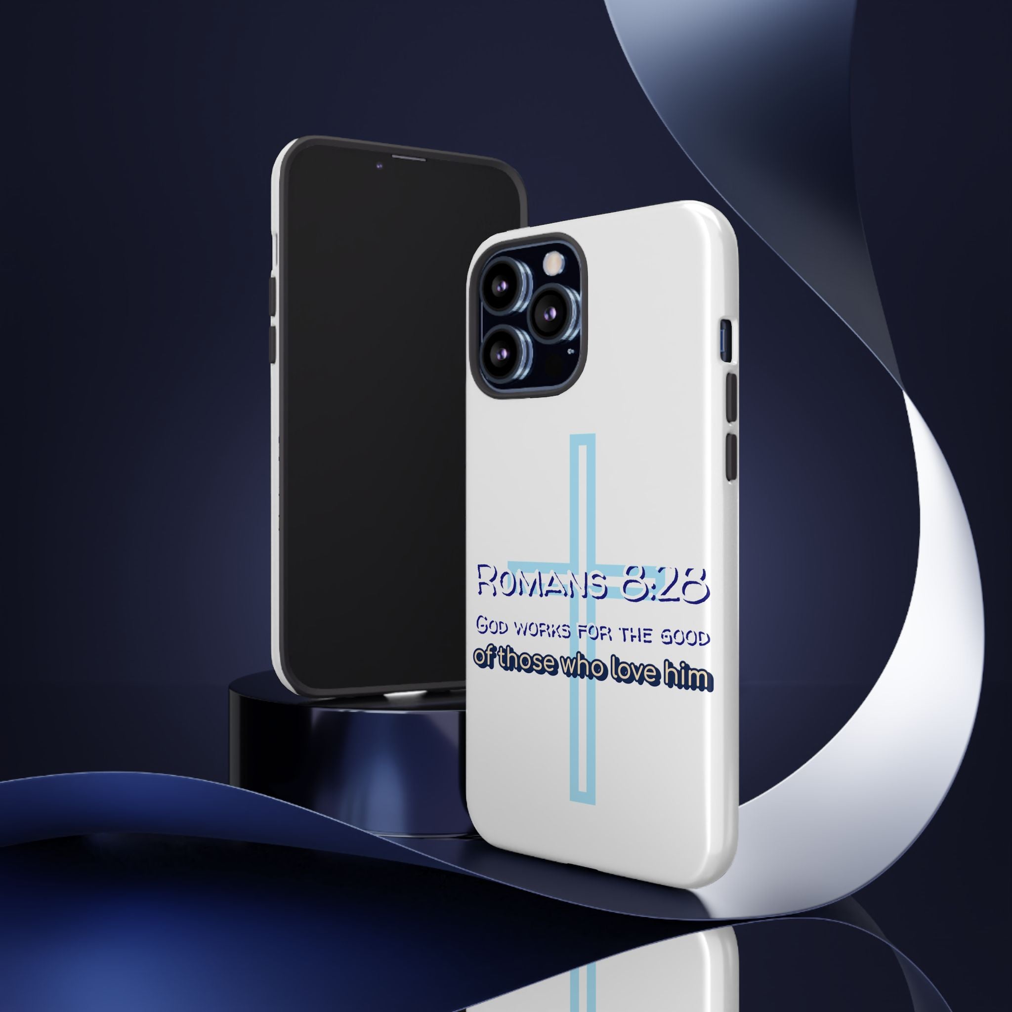 White Case of iPhone series -Romans 8:28 God works for the Good of those who loves him. Tough Cases for Faith & Inspiration, Christian Gifts, Stylish Protection, Bible Verse Accessories