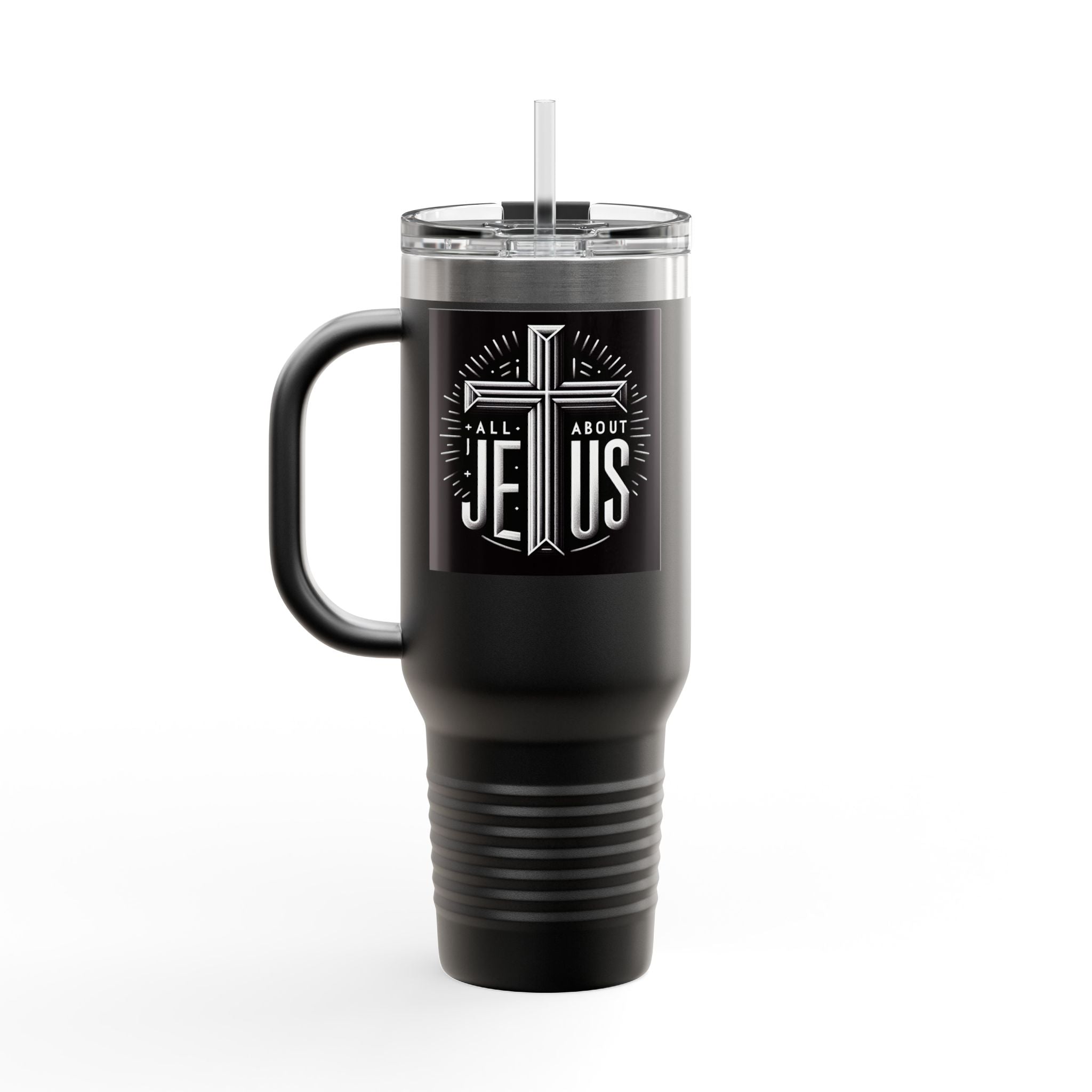 Personalized Insulated Travel Mug. All about JESUS,  Quote Praising God. Perfect Gift for Travelers & Those on the Go.