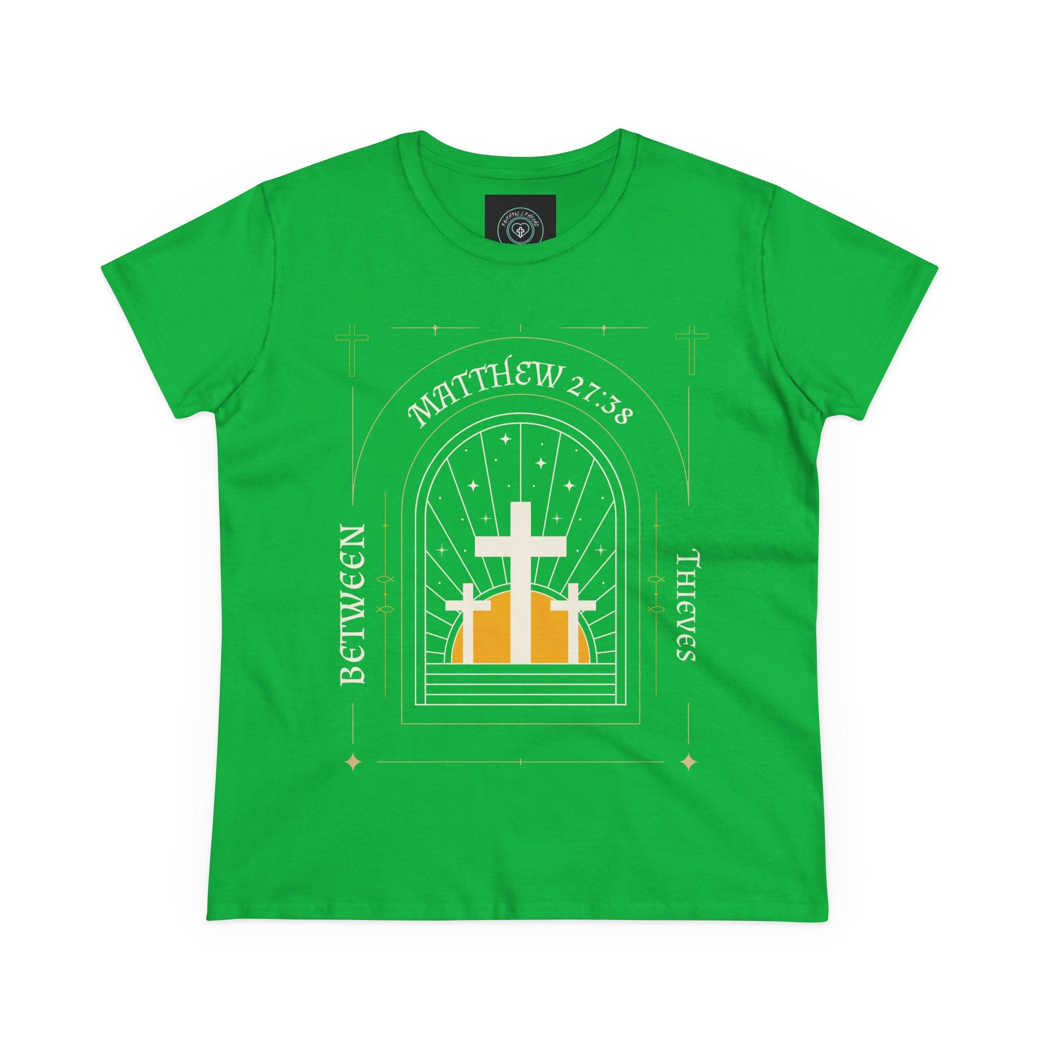 Women's Tee, Casual Faith Shirt semi fitted, Matthew 27:38 Affirmation Top, Godly Girl graphic Tee, Gift for Her - Between thieves.