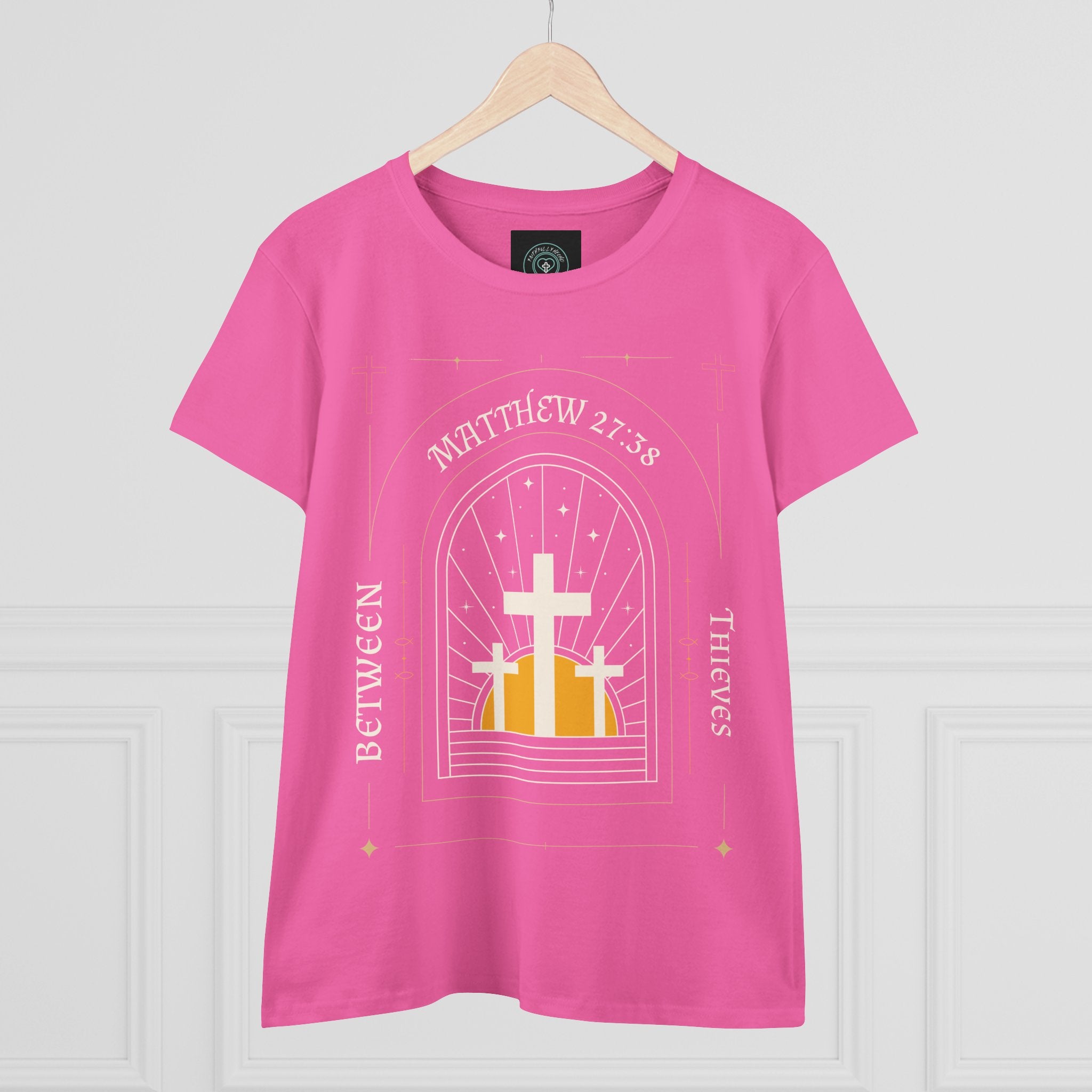 Women's Tee, Casual Faith Shirt semi fitted, Matthew 27:38 Affirmation Top, Godly Girl graphic Tee, Gift for Her - Between thieves.
