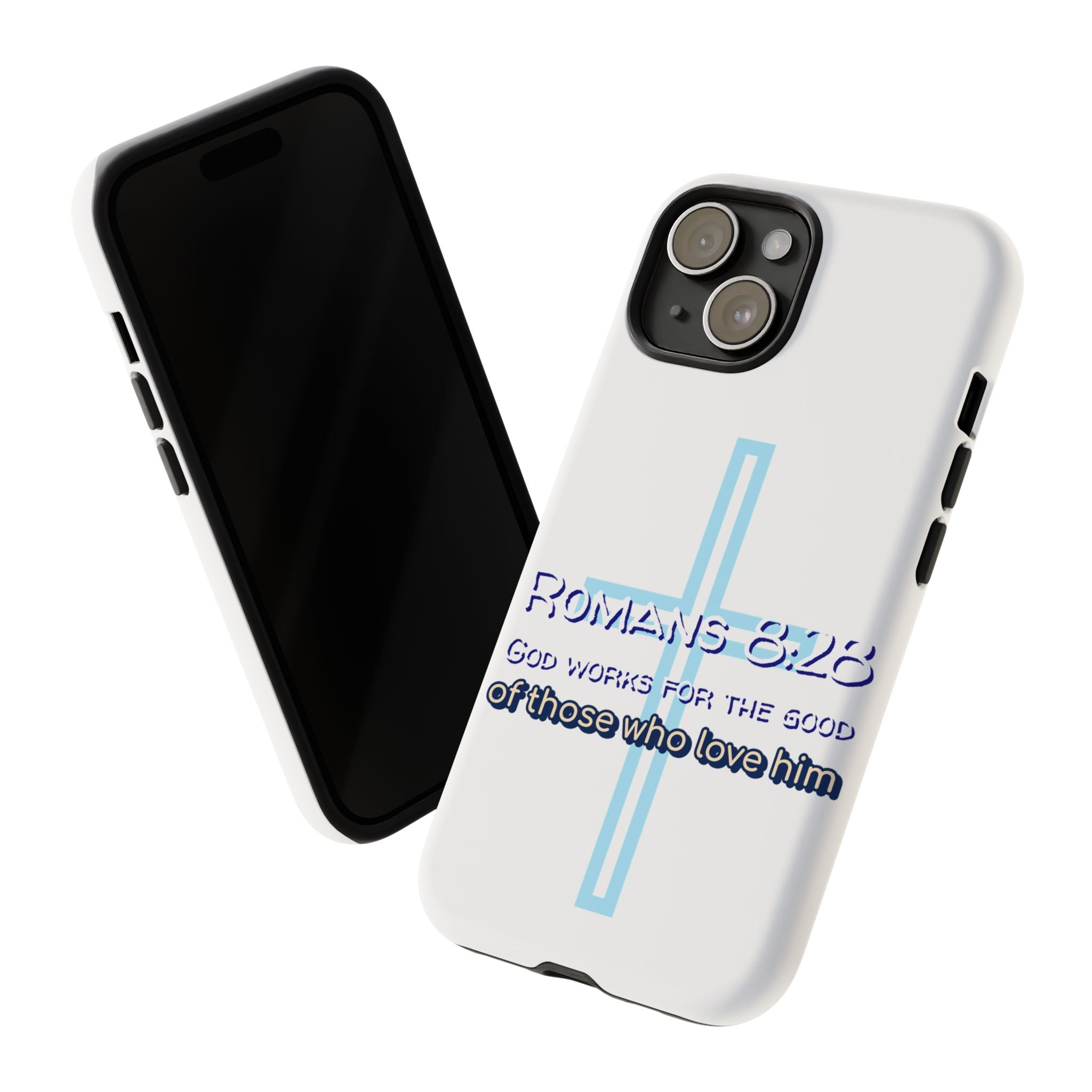 White Case of iPhone series -Romans 8:28 God works for the Good of those who loves him. Tough Cases for Faith & Inspiration, Christian Gifts, Stylish Protection, Bible Verse Accessories