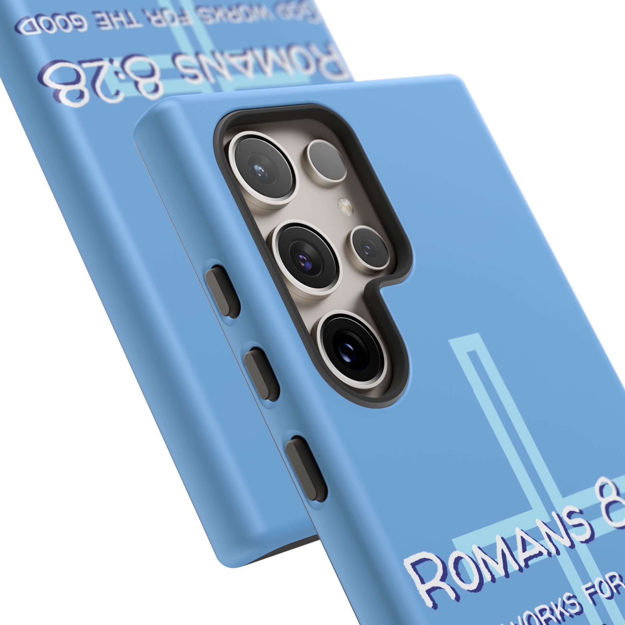 Light Blue Samsung series - Romans 8:28 God works for the Good of those who loves him. Samsung Series Tough Cases for Faith & Inspiration, Christian Gifts, Stylish Protection, Bible Verse Accessories