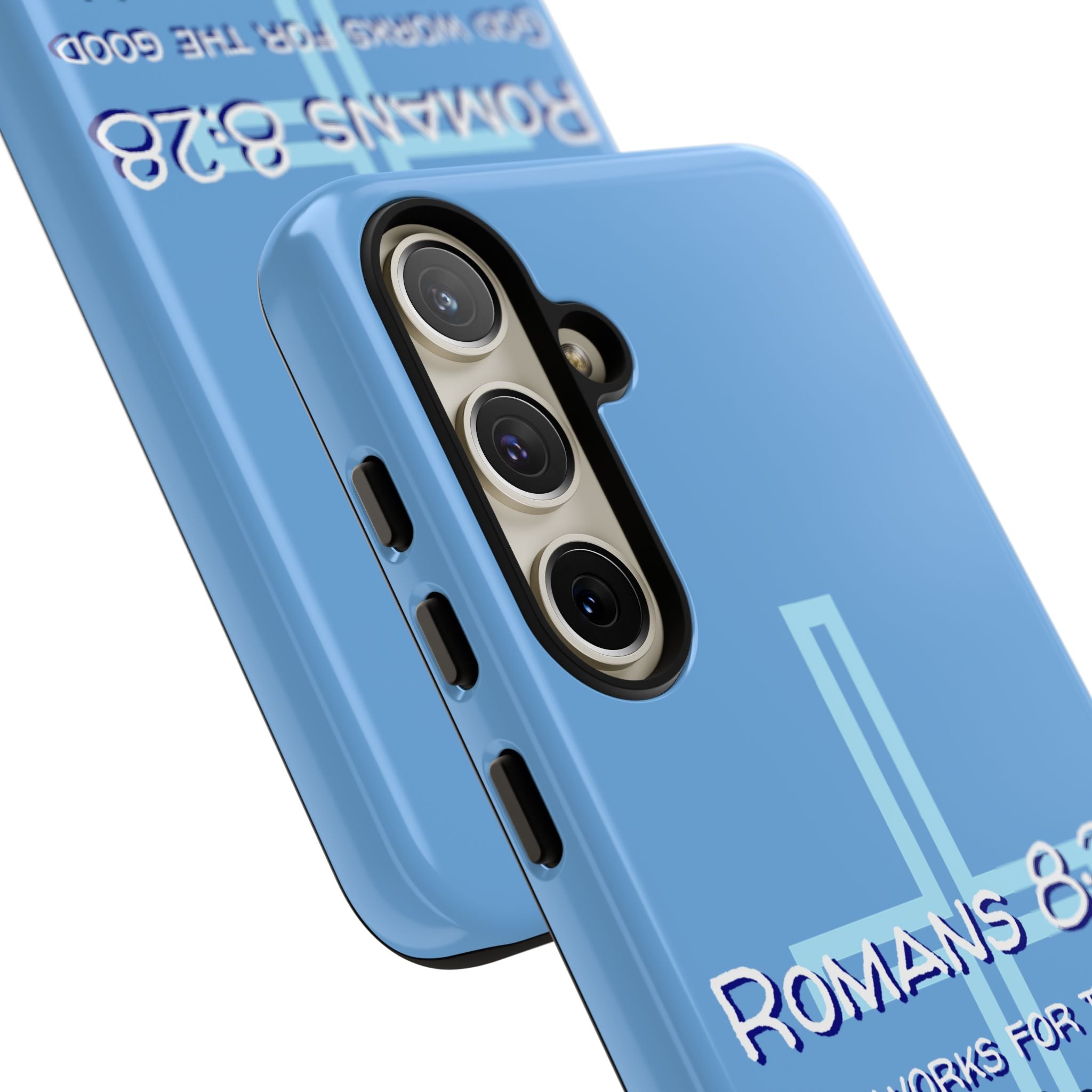 Light Blue Samsung series - Romans 8:28 God works for the Good of those who loves him. Samsung Series Tough Cases for Faith & Inspiration, Christian Gifts, Stylish Protection, Bible Verse Accessories