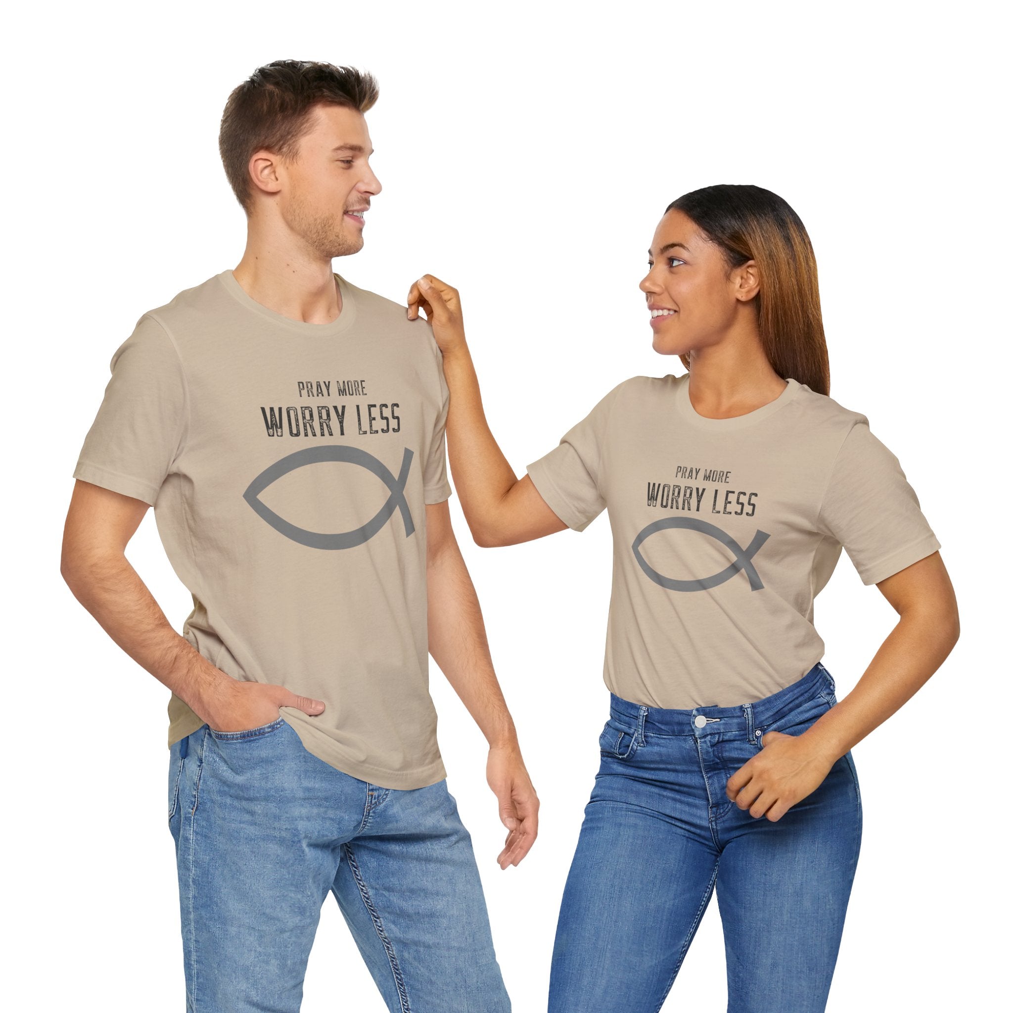 Faith-Pray more worry less Unisex Tee unisex, Christian fish Shirt, Spiritual Gift, Casual Wear, Perfect for Holidays, Christian Attire, Gifts.