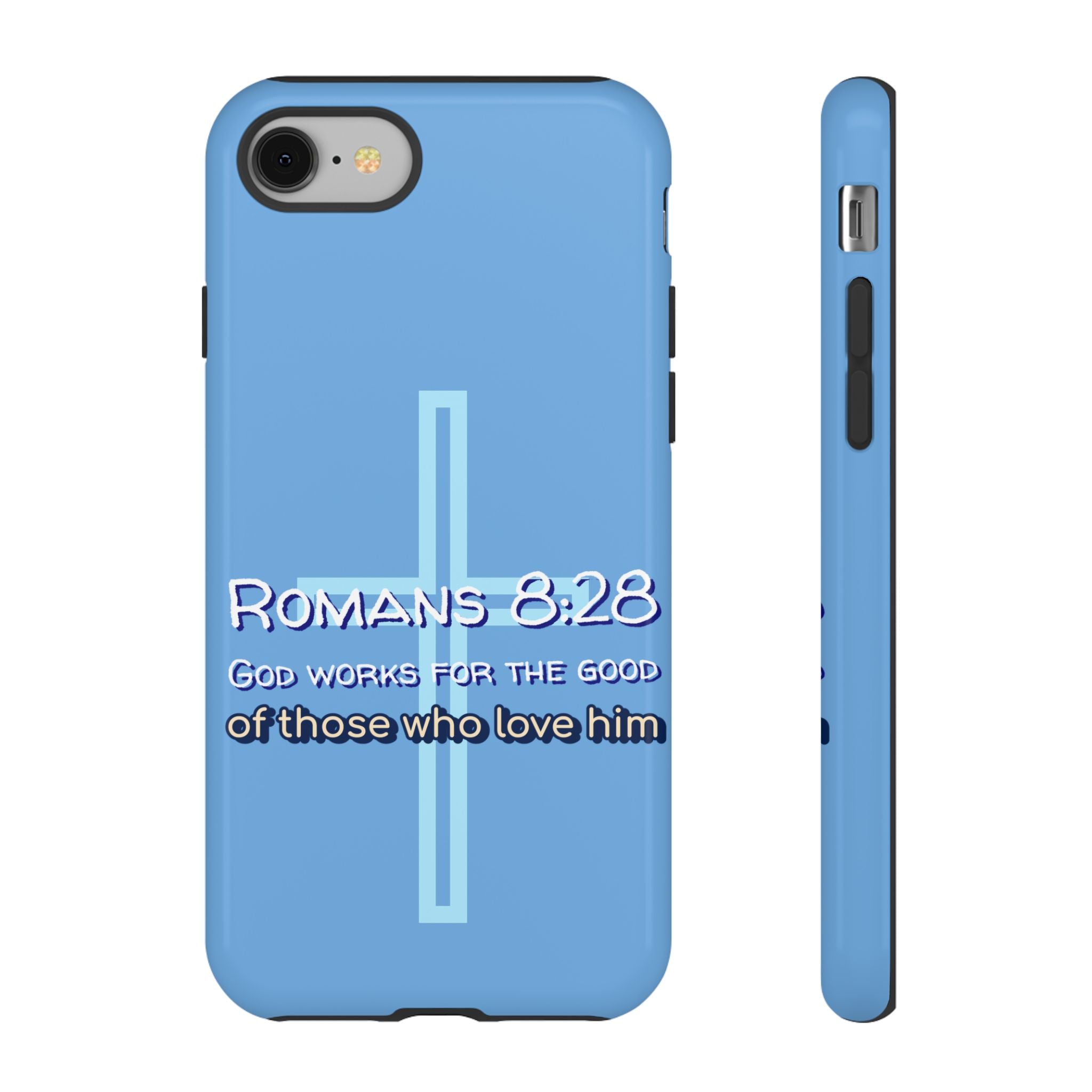Light Blue iPhone series -Romans 8:28 God works for the Good of those who loves him. Tough Cases for Faith & Inspiration, Christian Gifts, Stylish Protection, Bible Verse Accessories