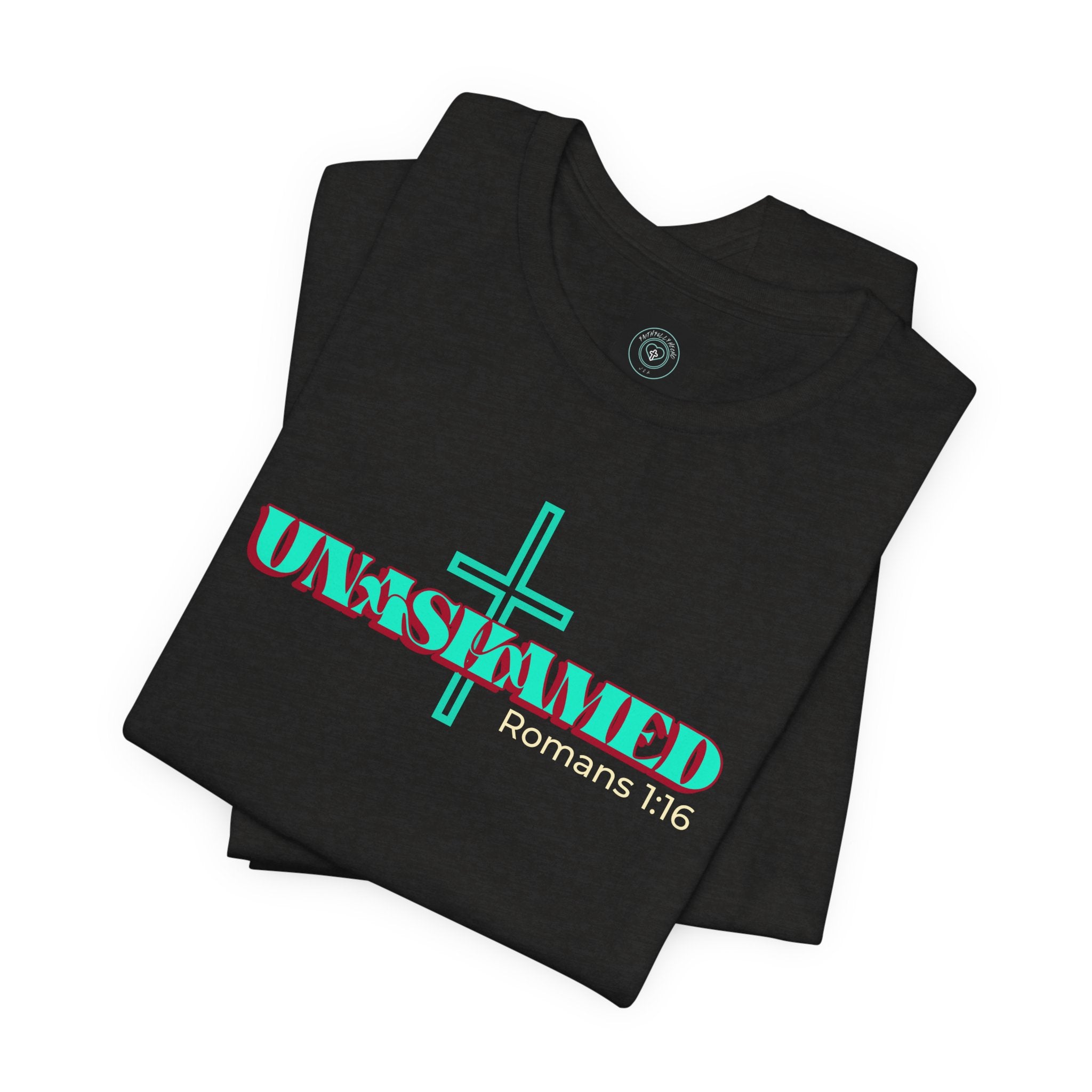 Unisex Inspirational Faith Tee - No Shame in the Cross, Casual Comfort, Christian Apparel, Gift for Believers. Front and back desing.
