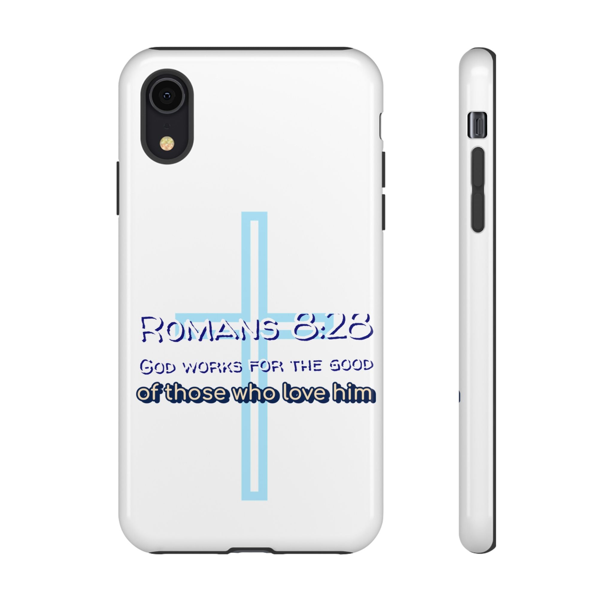 White Case of iPhone series -Romans 8:28 God works for the Good of those who loves him. Tough Cases for Faith & Inspiration, Christian Gifts, Stylish Protection, Bible Verse Accessories