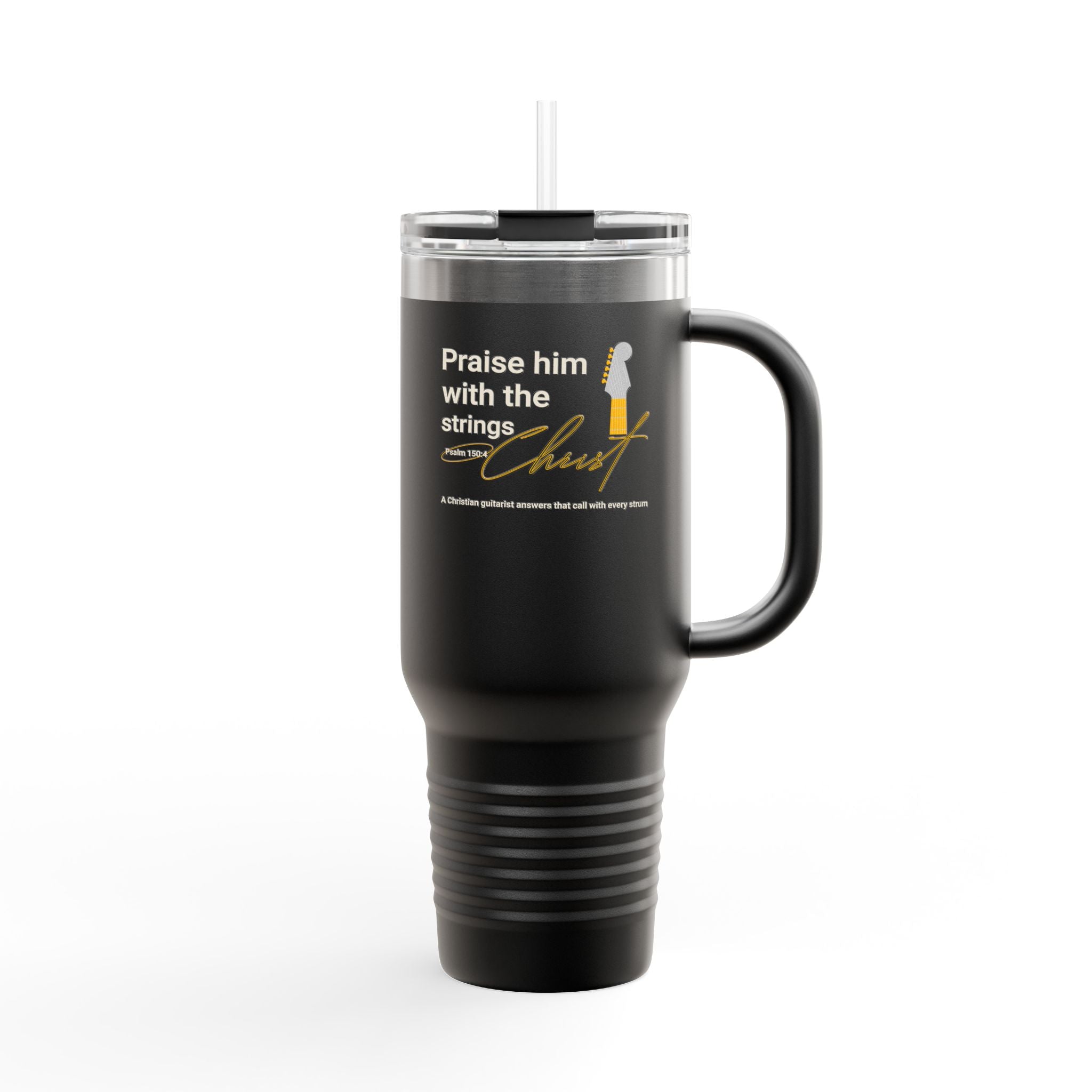 Personalized Insulated Travel Mug. Insulated Travel Mug with Inspirational Quote Praise God with the strings. Perfect Gift for Travelers & Those on the Go or a guitar player.