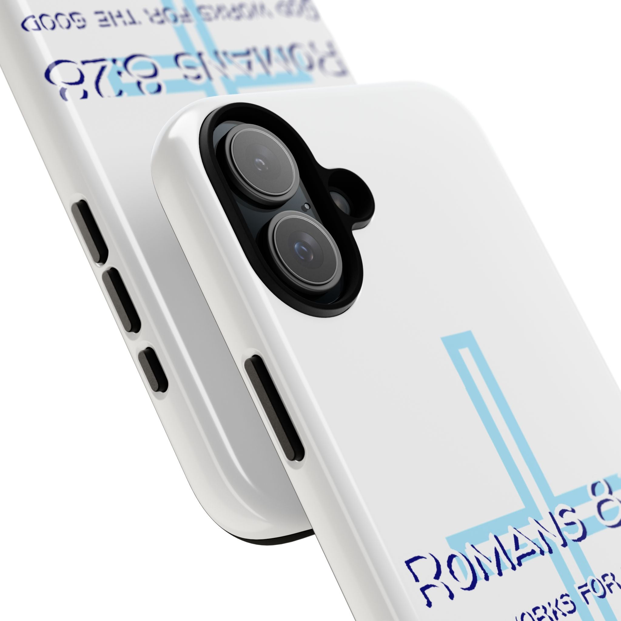 White Case of iPhone series -Romans 8:28 God works for the Good of those who loves him. Tough Cases for Faith & Inspiration, Christian Gifts, Stylish Protection, Bible Verse Accessories