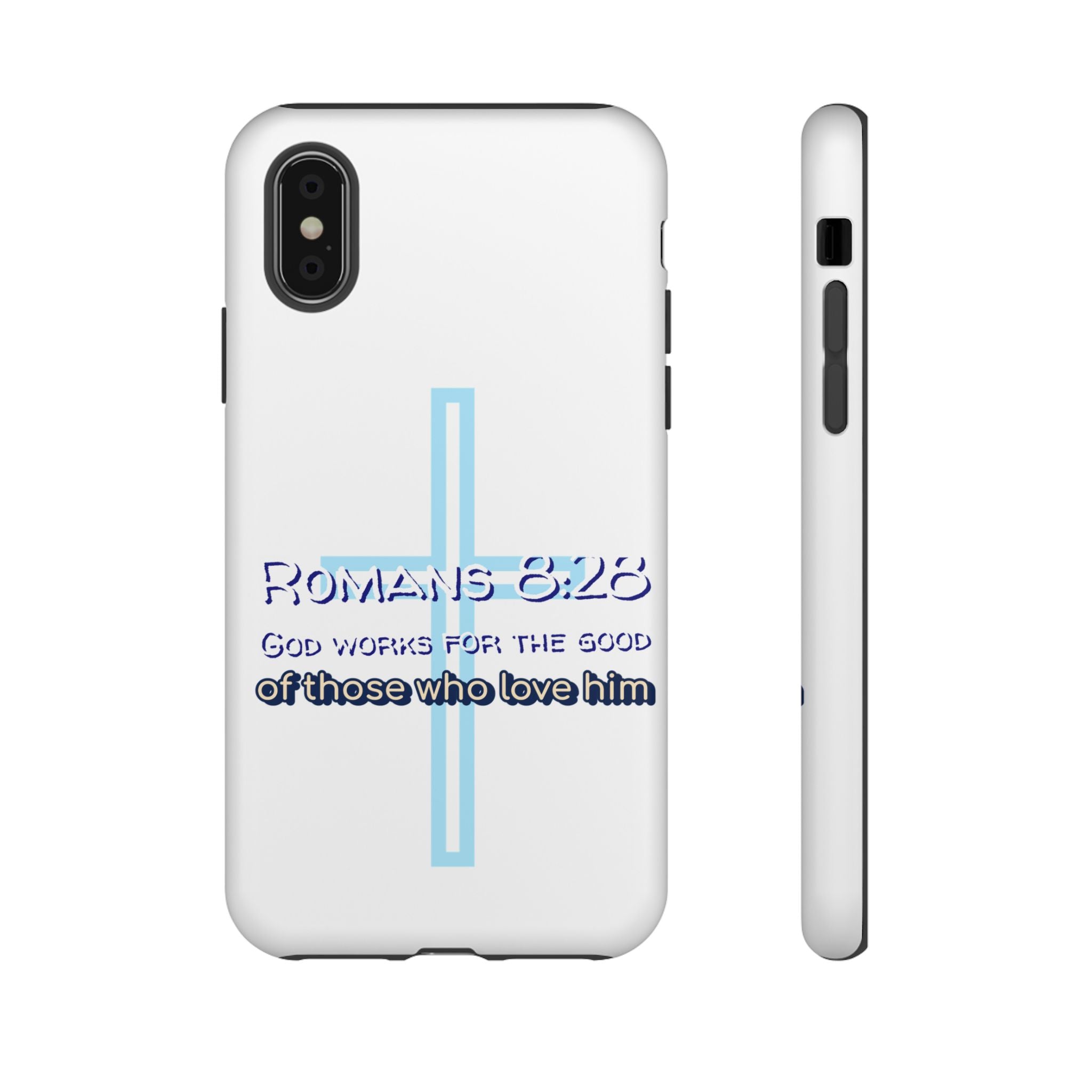 White Case of iPhone series -Romans 8:28 God works for the Good of those who loves him. Tough Cases for Faith & Inspiration, Christian Gifts, Stylish Protection, Bible Verse Accessories