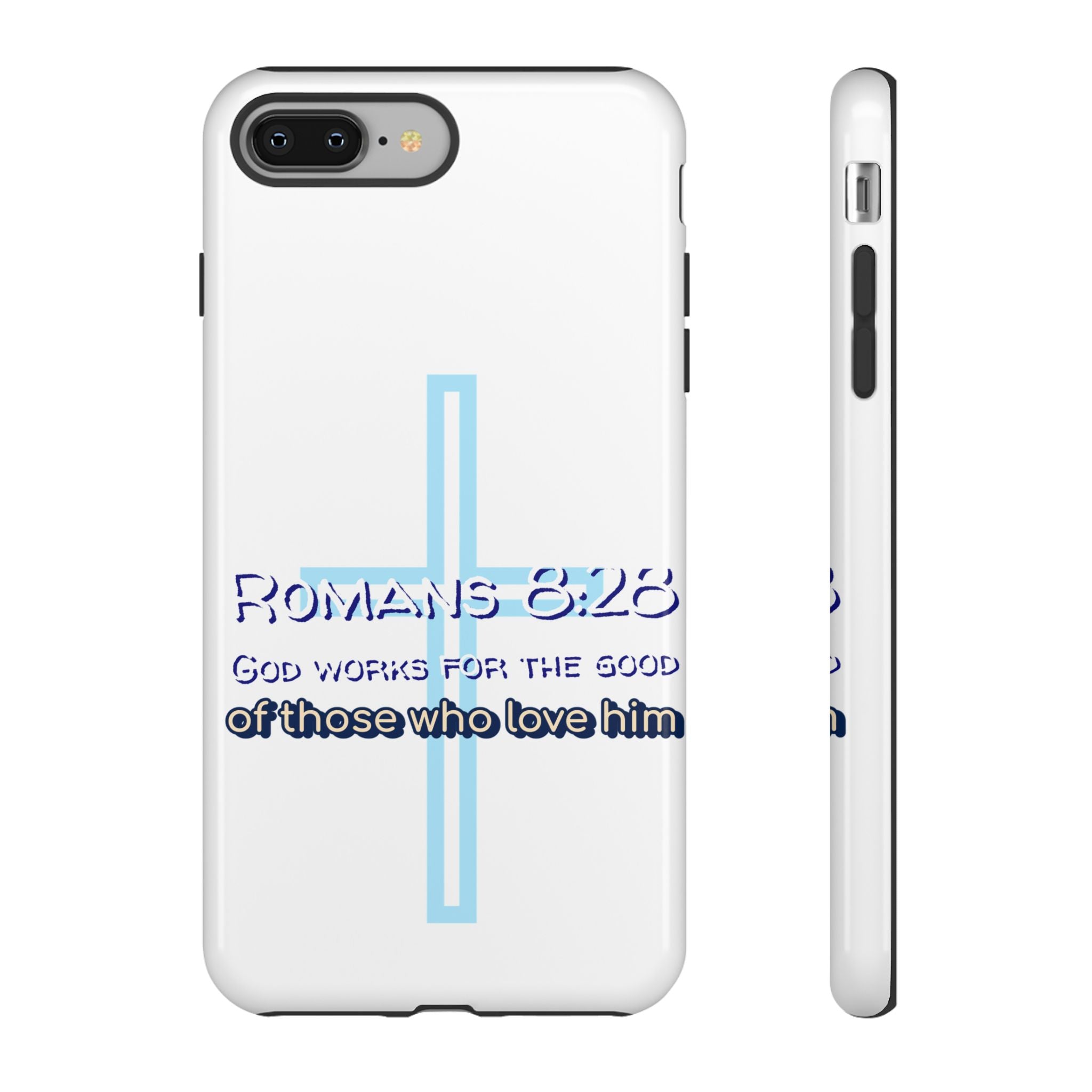 White Case of iPhone series -Romans 8:28 God works for the Good of those who loves him. Tough Cases for Faith & Inspiration, Christian Gifts, Stylish Protection, Bible Verse Accessories