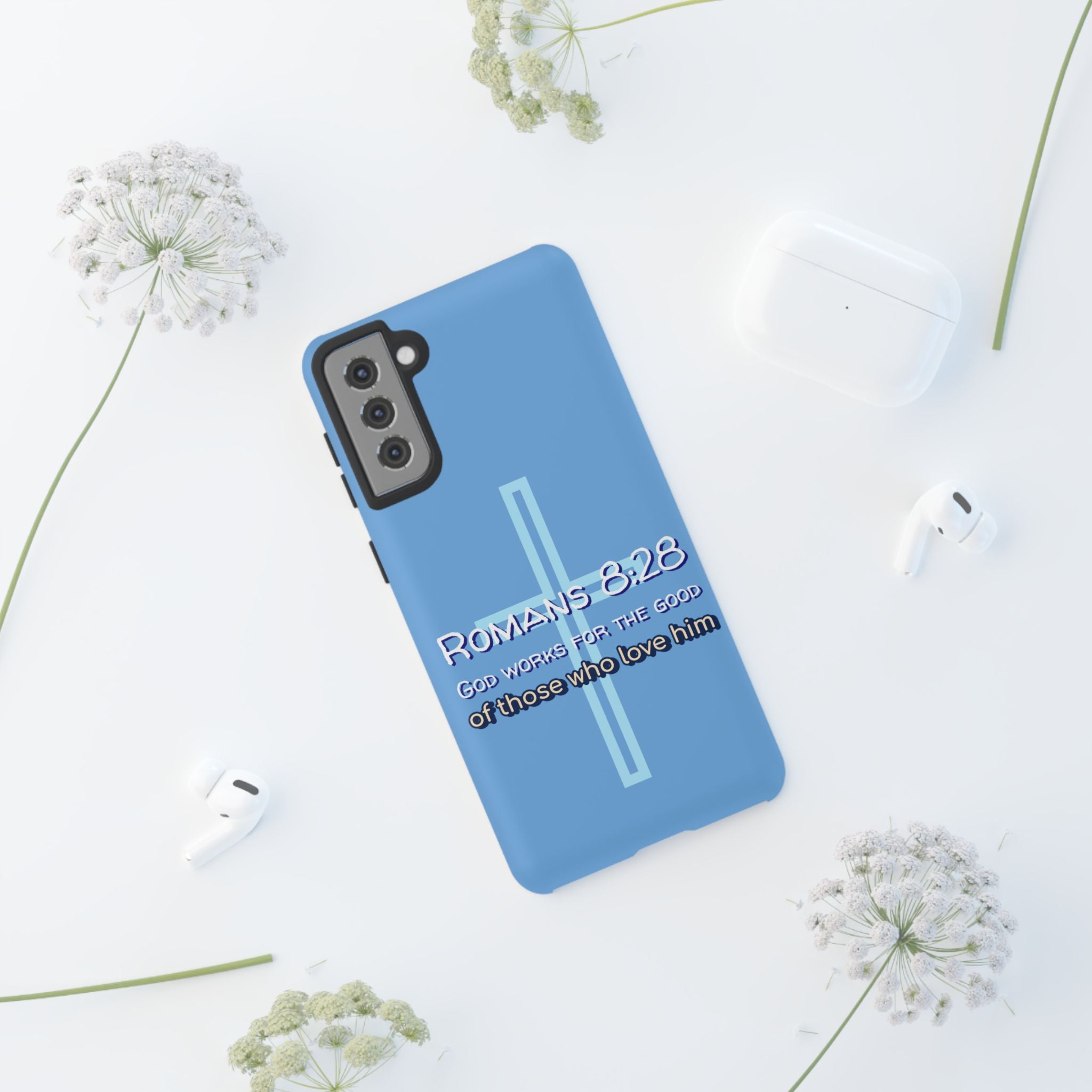 Light Blue Samsung series - Romans 8:28 God works for the Good of those who loves him. Samsung Series Tough Cases for Faith & Inspiration, Christian Gifts, Stylish Protection, Bible Verse Accessories