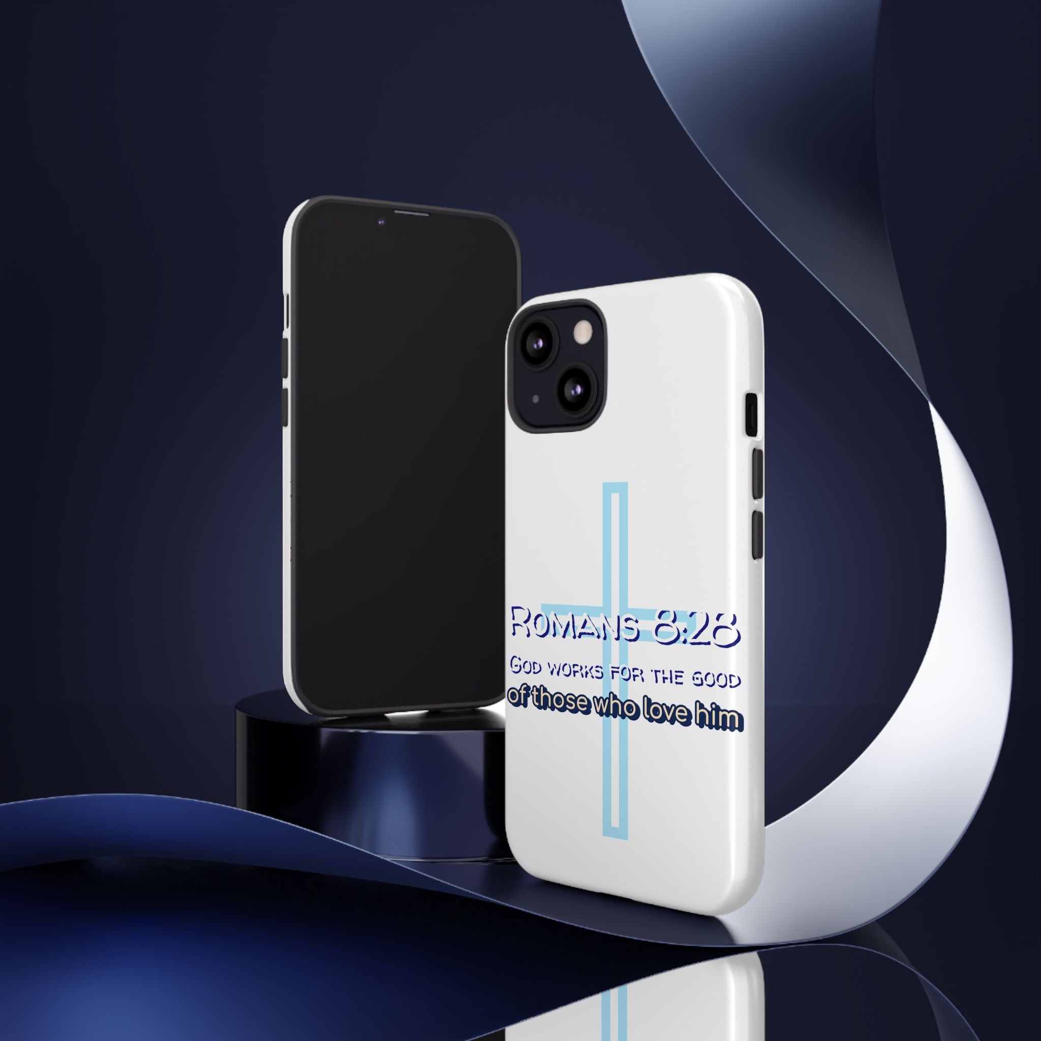 White Case of iPhone series -Romans 8:28 God works for the Good of those who loves him. Tough Cases for Faith & Inspiration, Christian Gifts, Stylish Protection, Bible Verse Accessories
