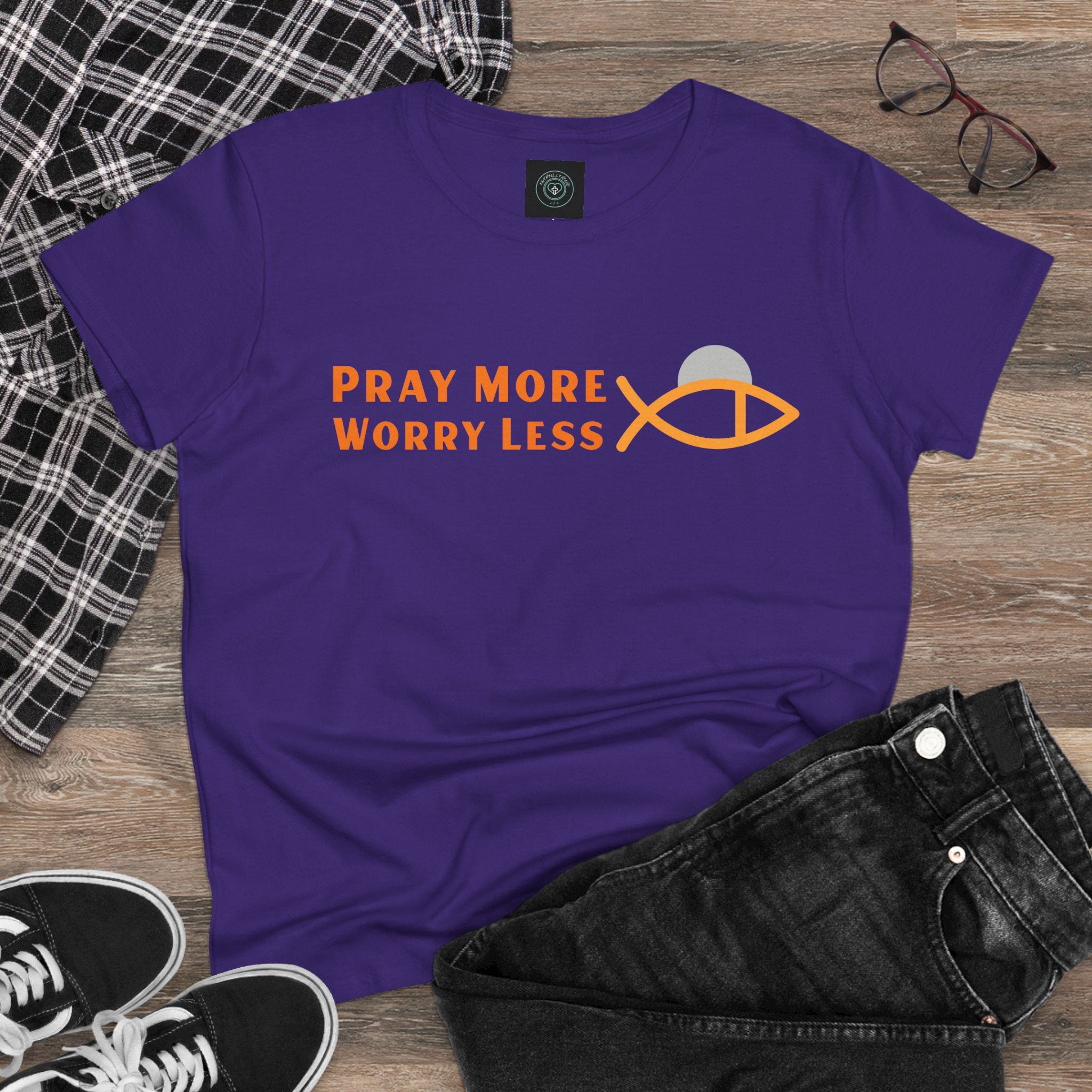 Cotton Tee for Ladies - Pray More Worry Less - Semi-fitted