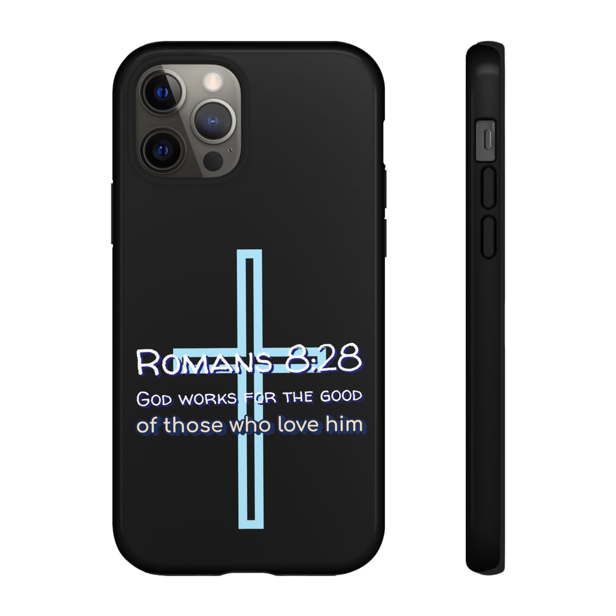 Christian Phone Case for iPhone series, Tough Phone Case, Romans 8:28 Inspirational Gift, Faith-Based Phone Cover, Religious Style, Durable Cell Case