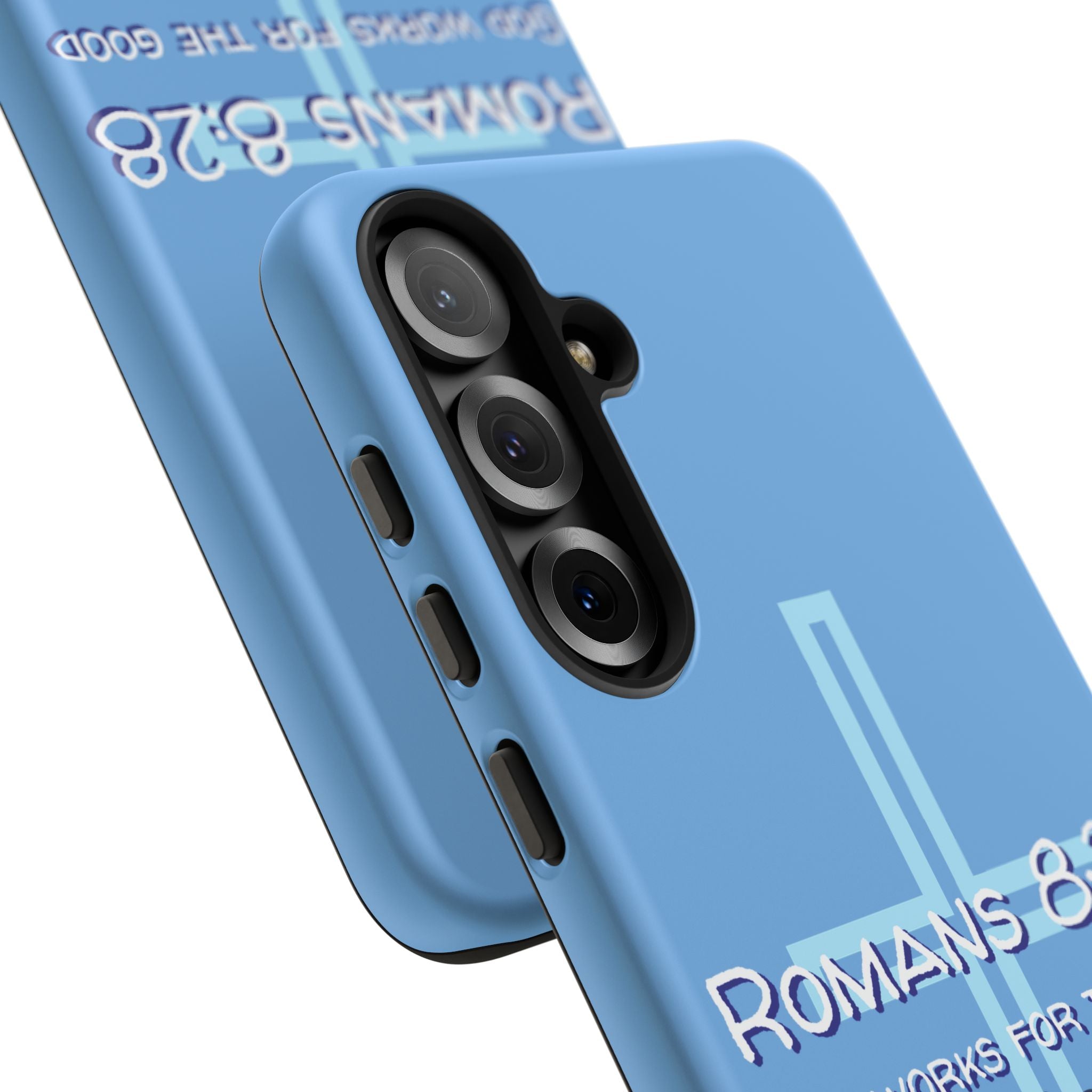 Light Blue Samsung series - Romans 8:28 God works for the Good of those who loves him. Samsung Series Tough Cases for Faith & Inspiration, Christian Gifts, Stylish Protection, Bible Verse Accessories