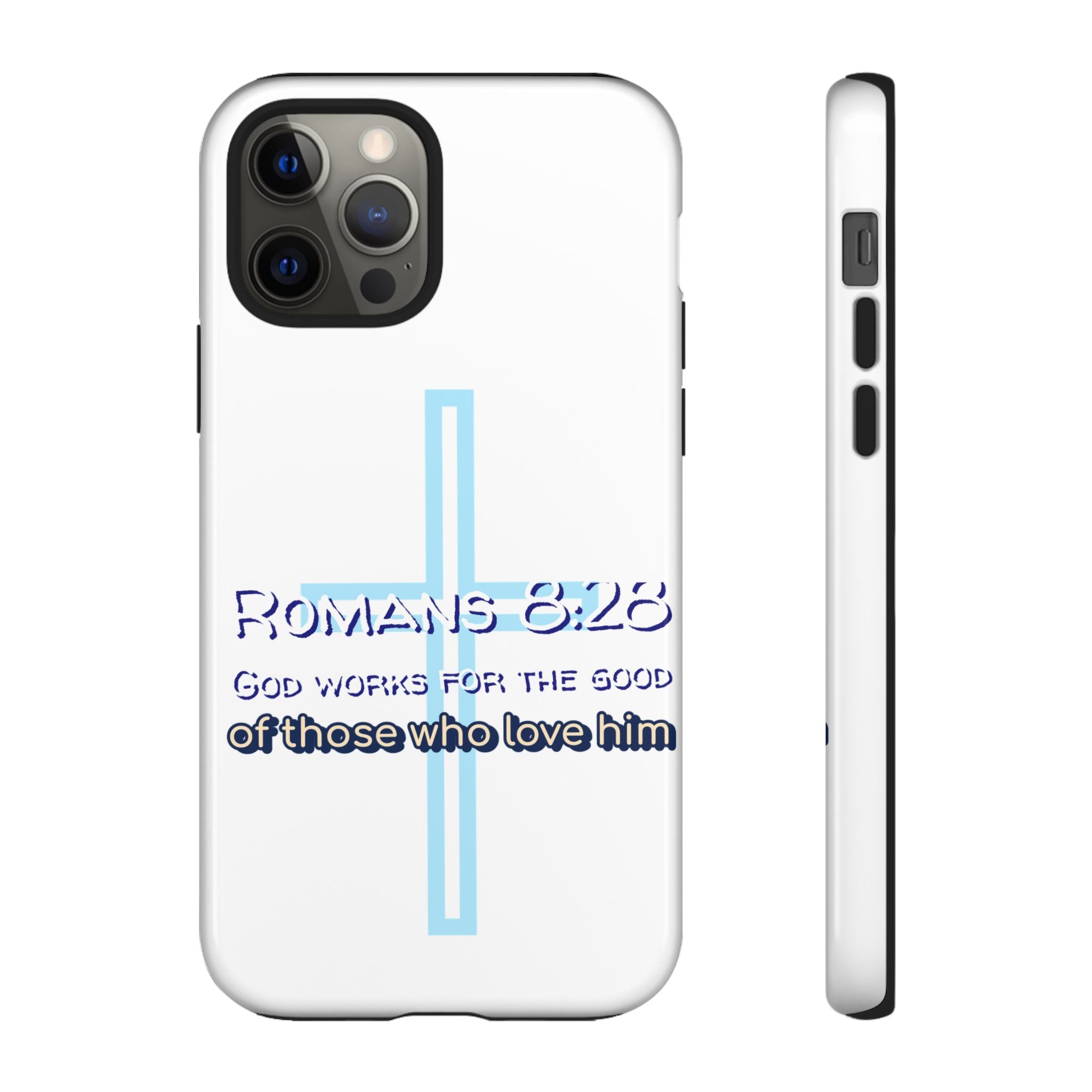 White Case of iPhone series -Romans 8:28 God works for the Good of those who loves him. Tough Cases for Faith & Inspiration, Christian Gifts, Stylish Protection, Bible Verse Accessories